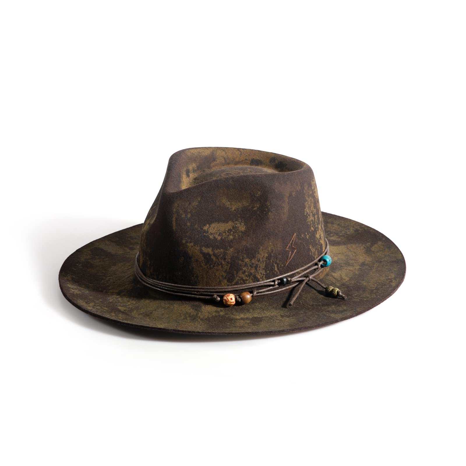 RUEDIGER 100% Wool Felt Wide Brim Fedora Hat for Men & Women - Distressed/Burned Handmade Panama Rancher Hat with Lightning Logo | Perfect for Outdoor Adventures, Music Festivals & Western Style