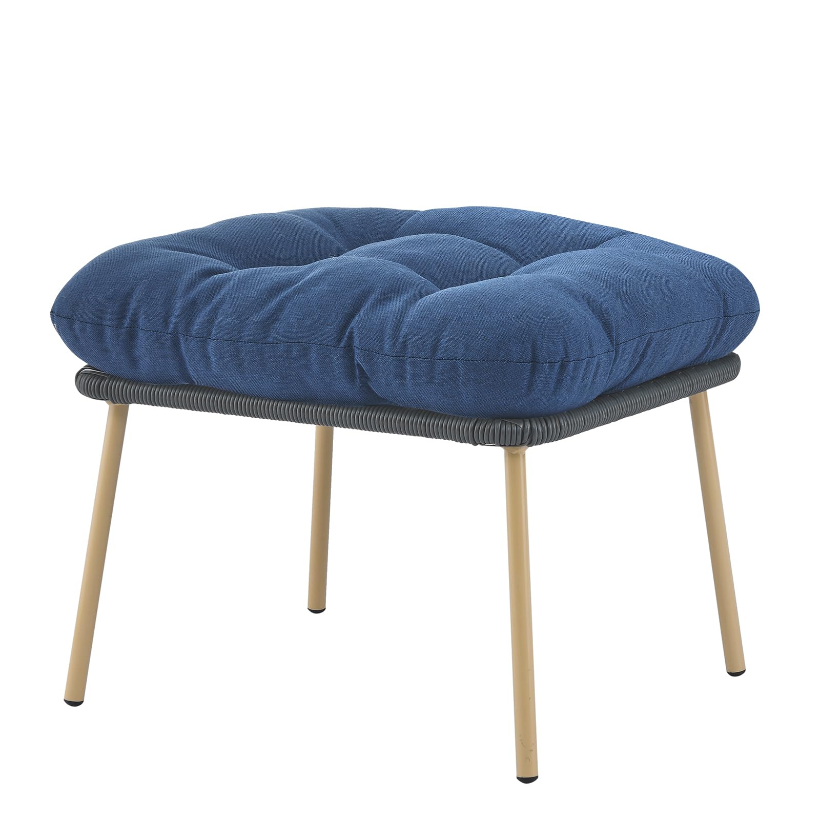 Outdoor Wicker Ottoman with Thick Cushion - Rattan Footrest Stool for Patio, Porch, Backyard & Garden - Grey/Blue - Perfect for Relaxing, Sunbathing & Outdoor Entertaining