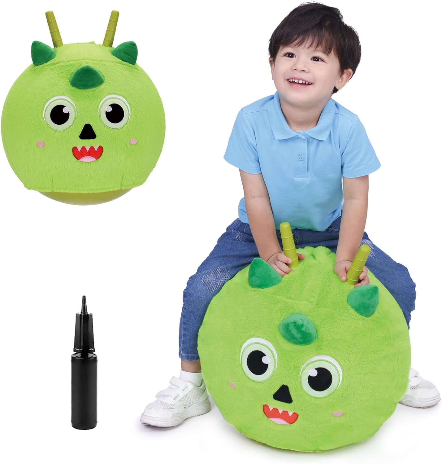 Dinosaur Plush Hopper Ball for Kids - 20in Bouncy Jumping Ball with Handles | Outdoor Play Toy for Ages 5-9 | Birthday Gift for Boys & Girls (Includes Pump) - Perfect for Backyard Fun, Playground Activities & Indoor Exercise