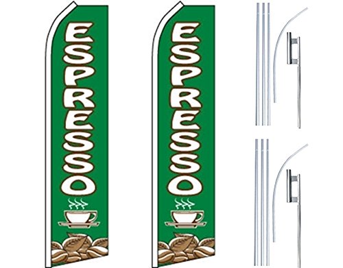 2 Swooper Flutter Feather Flags with 2 Poles & Ground Spikes - Espresso Coffee Cup Design in Green, White & Brown - Perfect for Outdoor Events, Sports Games & Business Advertising
