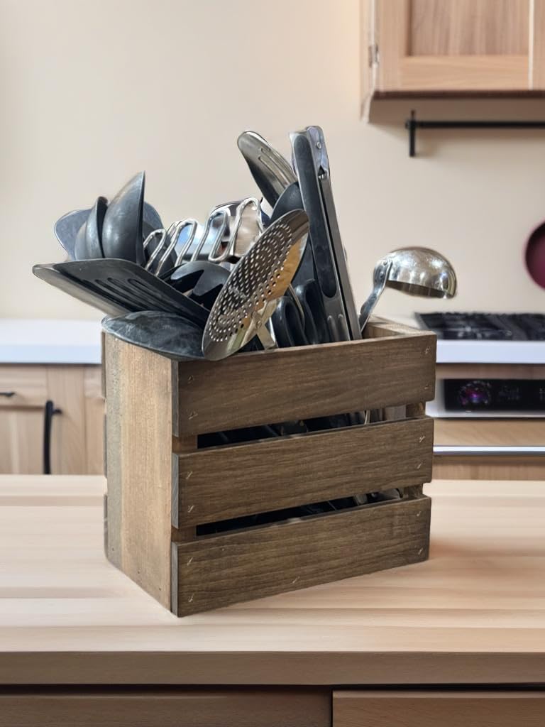 Darla'Studio 66 Wooden Crate Utensil Holder - Rustic Kitchen Organizer for Spoons, Forks & Cooking Tools - Perfect for Farmhouse, Country Style Kitchens & Dining Room Decor
