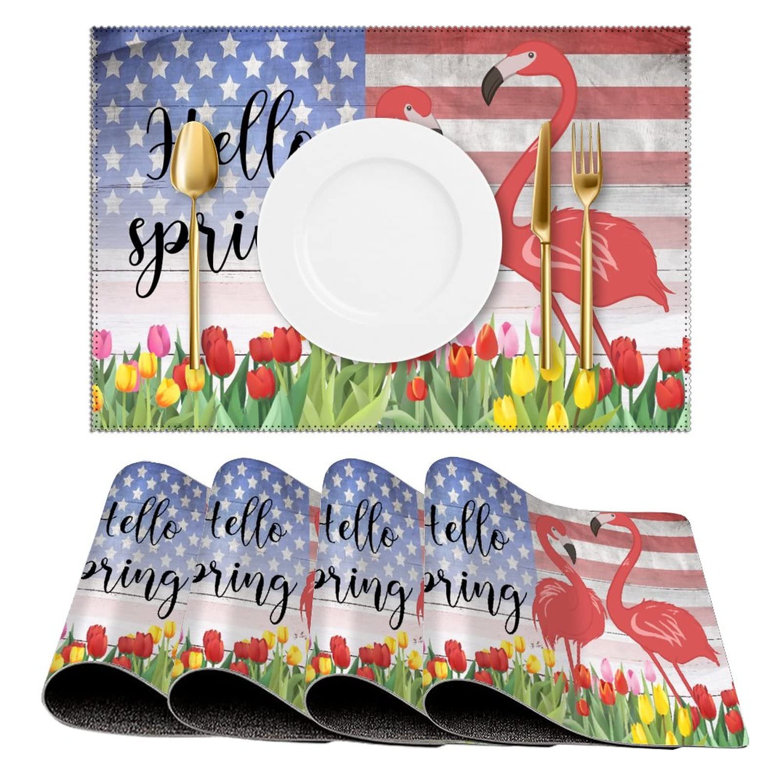 Hello Spring Wood Grain Flamingo Floral Rectangle Placemats Set of 4, 12