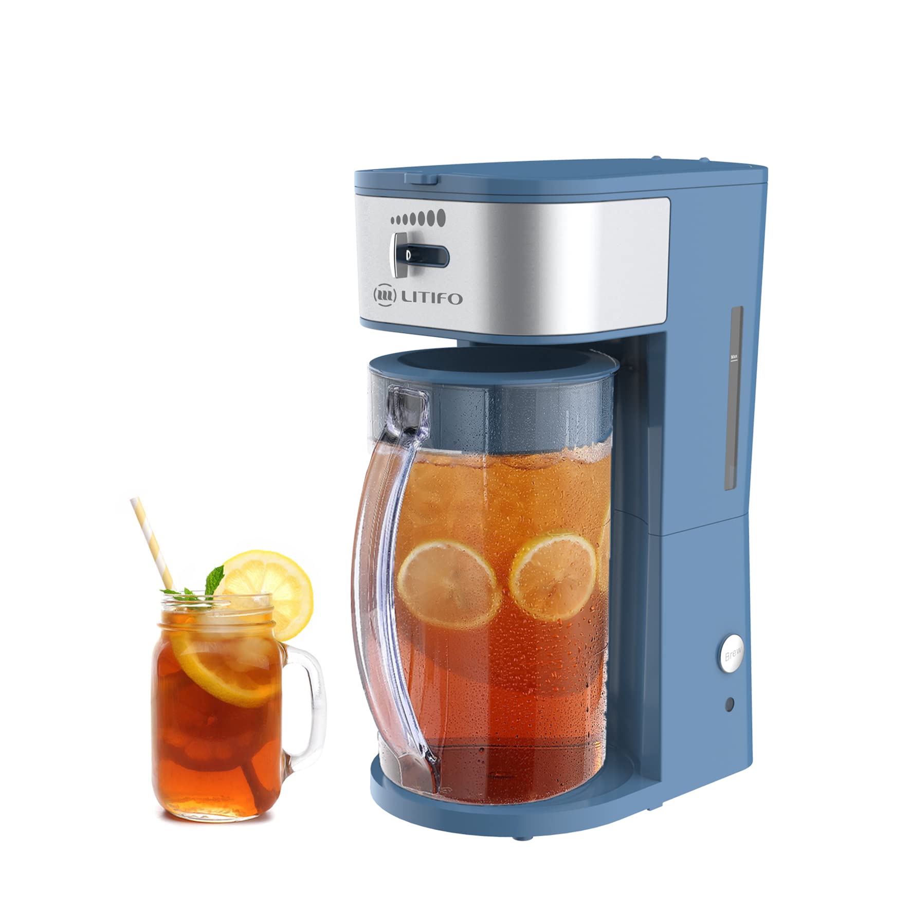 LITIFO 2-Quart Iced Tea Maker & Iced Coffee Brewer with Adjustable Strength Selector, Stainless Steel Pitcher (Blue) - Perfect for Home, Office, and Outdoor Gatherings