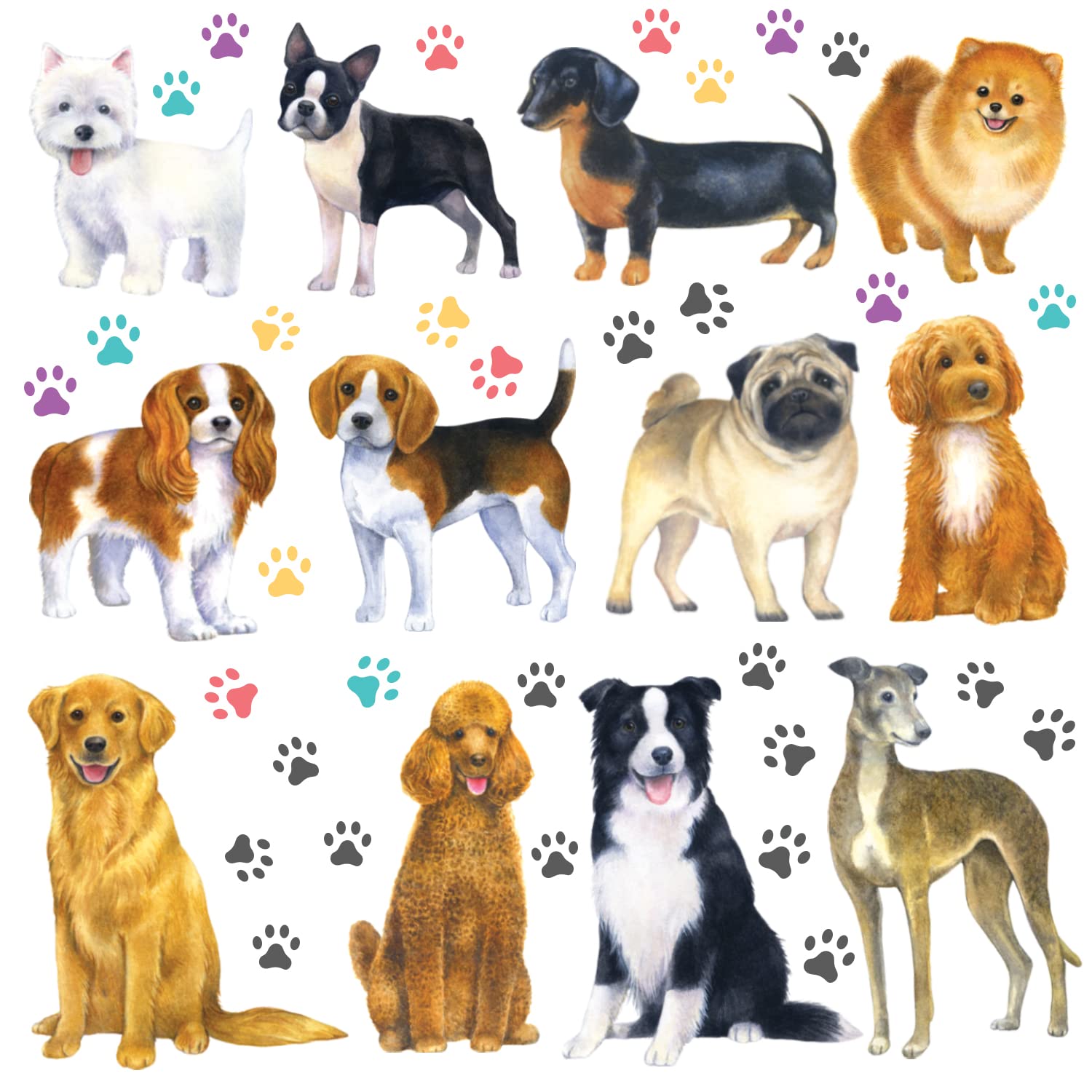 DECOWALL DS8-8045 Realistic 3D Dog Wall Stickers - Removable Peel & Stick Pet Animal Decals for Nursery, Kids Room Decor - Cute Puppy Prints Vinyl Poster (Perfect for Baby Boy/Girl Bedroom, Paw Patrol Theme, Pet Lover Home Decor)