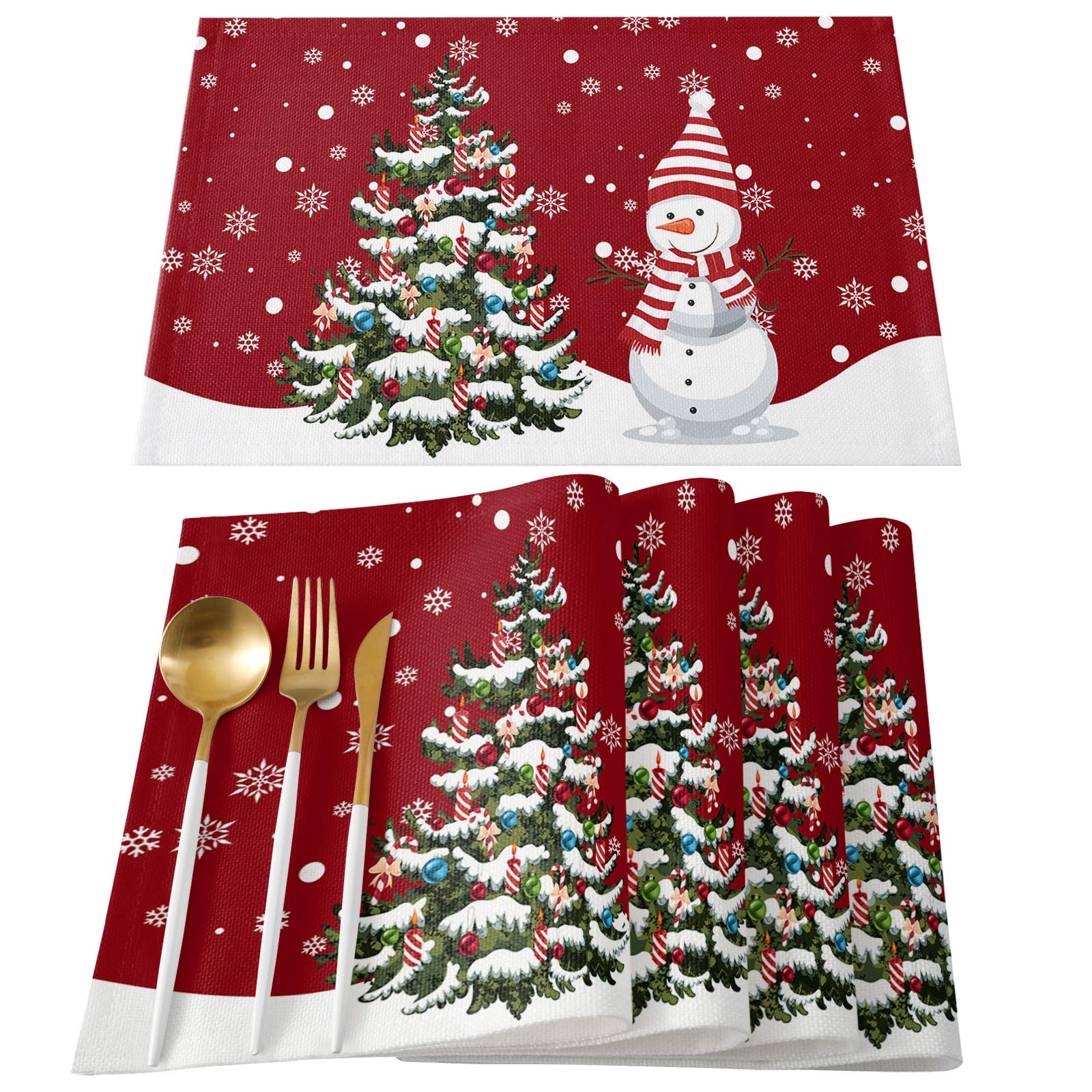 Festive Snowman Placemats Set of 6 - Waterproof Non-Slip Holiday Table Mats with Bell Tree & Snowflake Design for Christmas Dining, Kitchen Decor & Winter Party Decorations - Perfect for Holiday Gatherings, Family Dinners & Seasonal Home Decor