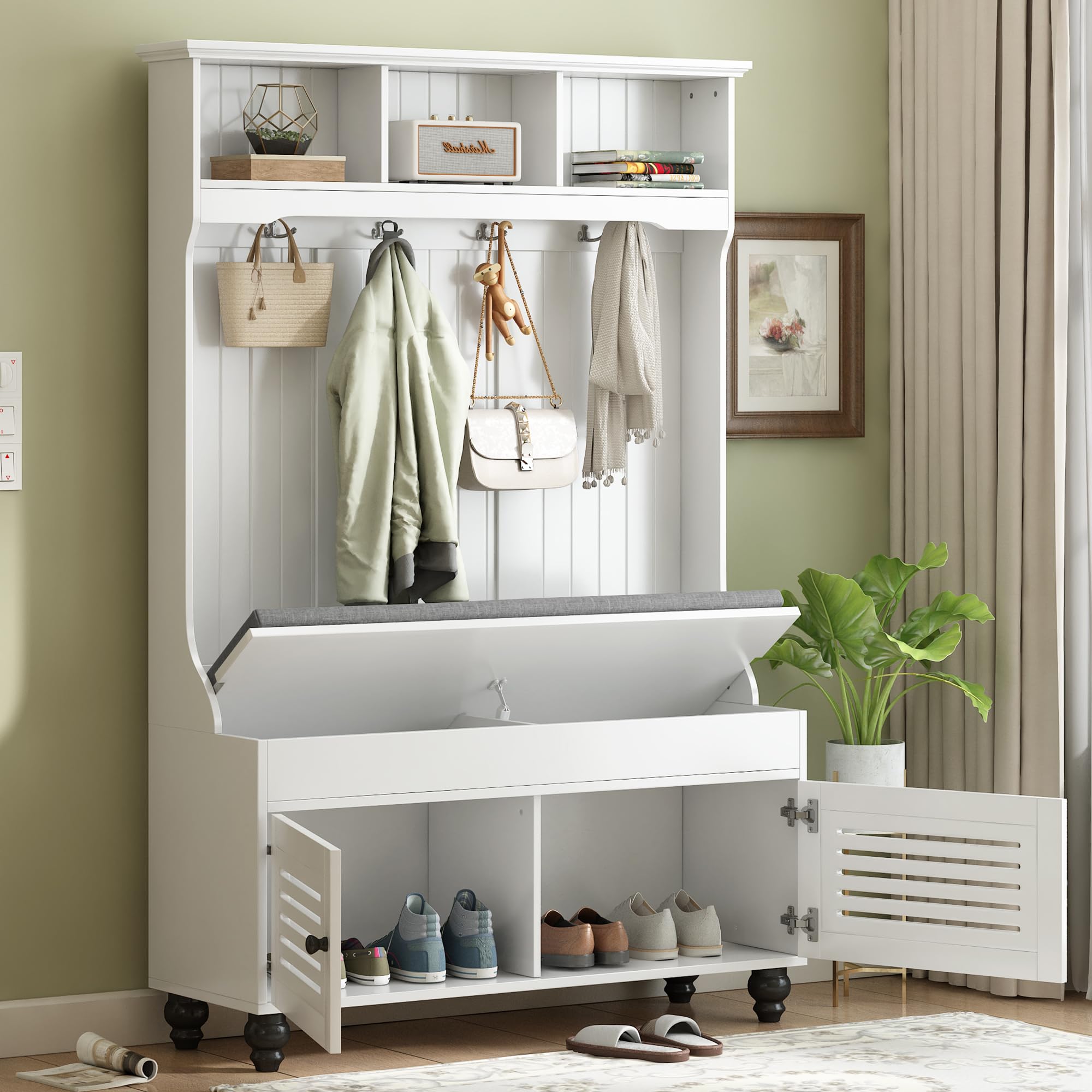 P PURLOVE Hall Tree with Bench & Shoe Storage - Entryway Organizer with 4 Hooks, Open Shelf & Shutter Doors - Coat Rack & Mudroom Furniture for Hallway, Foyer & Home Entry (Perfect for Small Spaces & Apartment Living)