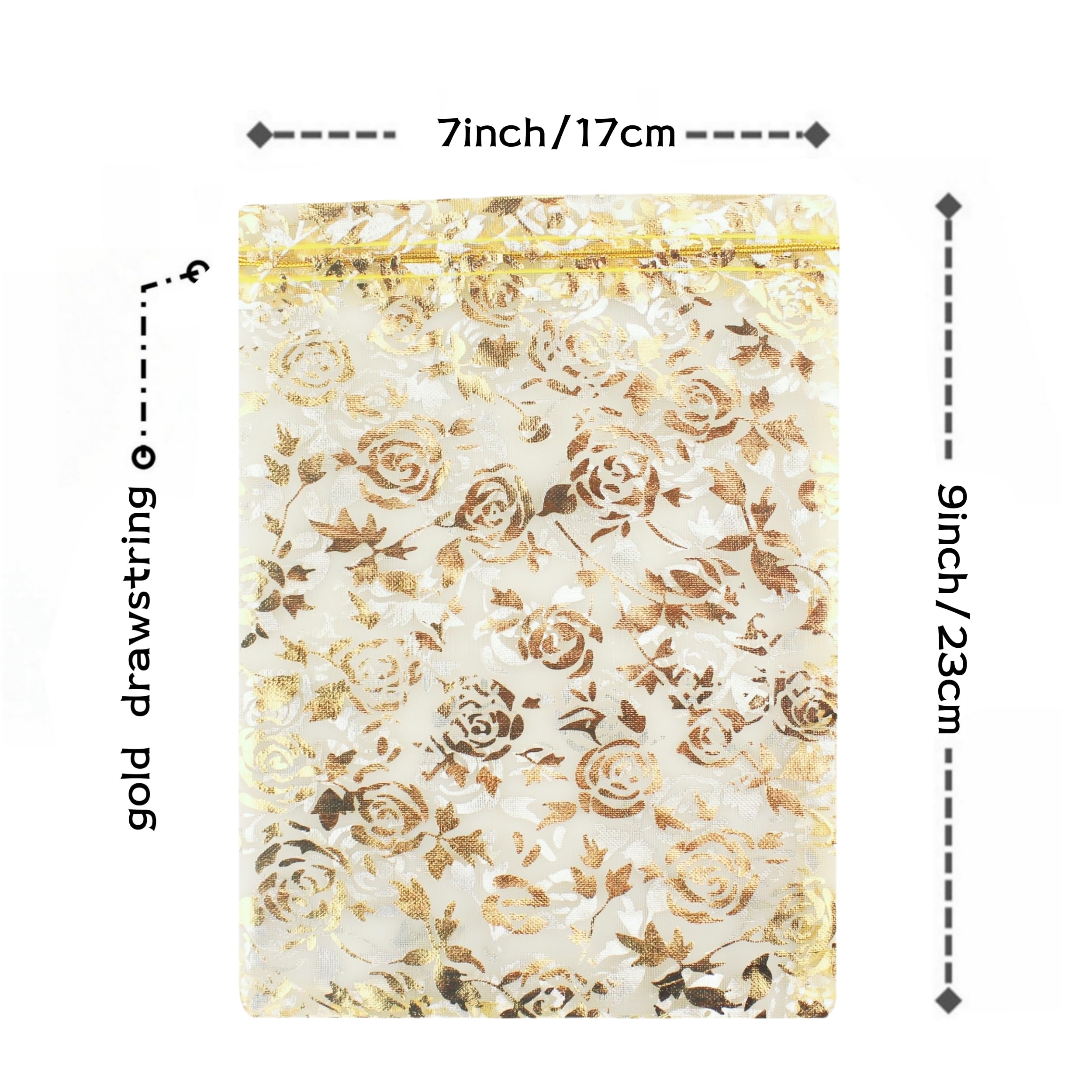 QIANHAILIZZ 100 Pack 7x9 Inch Organza Drawstring Bags - Floral Heart Design for Jewelry, Candy, Wedding Favors & Party Gifts (Gold Flower) | Perfect for Bridal Showers, Baby Showers & Birthday Party Decorations