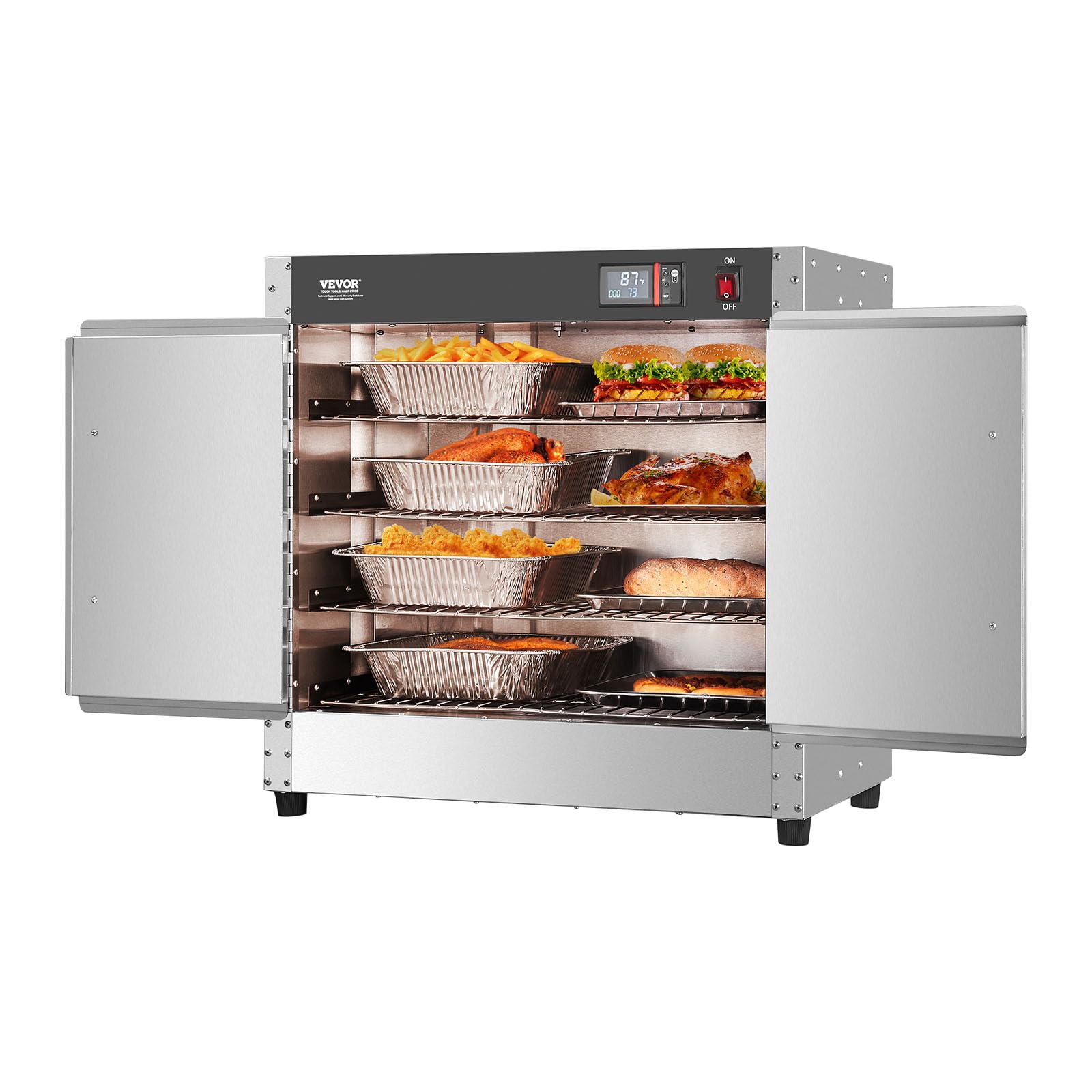 VEVOR 4-Tier Commercial Food Warmer Cabinet - Stainless Steel Concession Warmer with Water Tray, 4 Pans & Adjustable Shelves - Perfect for Restaurants, Catering & Pizza Shops - Keep Pizza, Chicken & Meals Hot for Serving