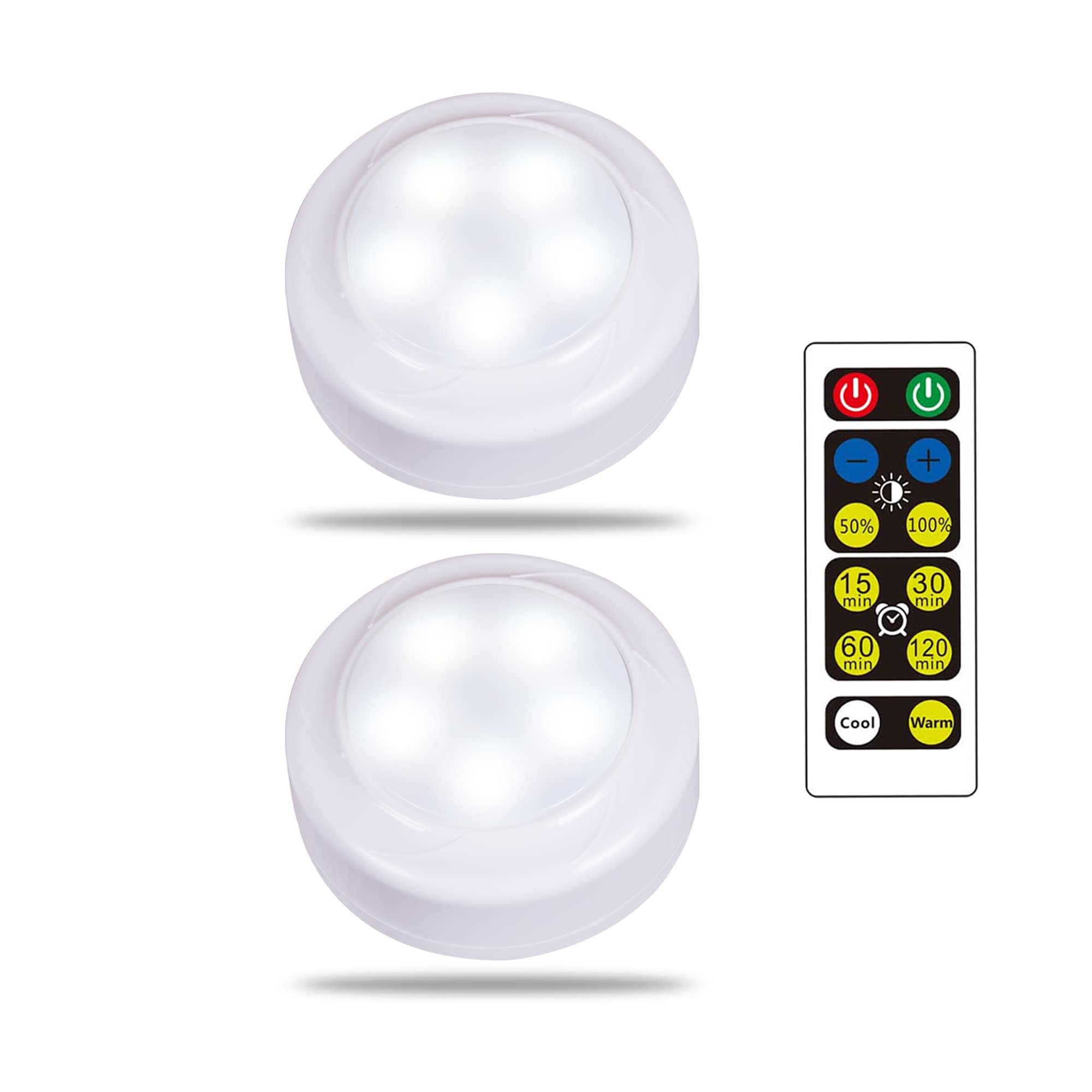 WRalwaysLX 2-Pack Remote Control LED Cabinet Push Light - Cool/Warm White Adjustable Night Light with 3x1.5V AA Battery Operation (Batteries Not Included) - Perfect for Kitchen Under Cabinet Lighting, Closets, Wardrobes & Home Storage Spaces