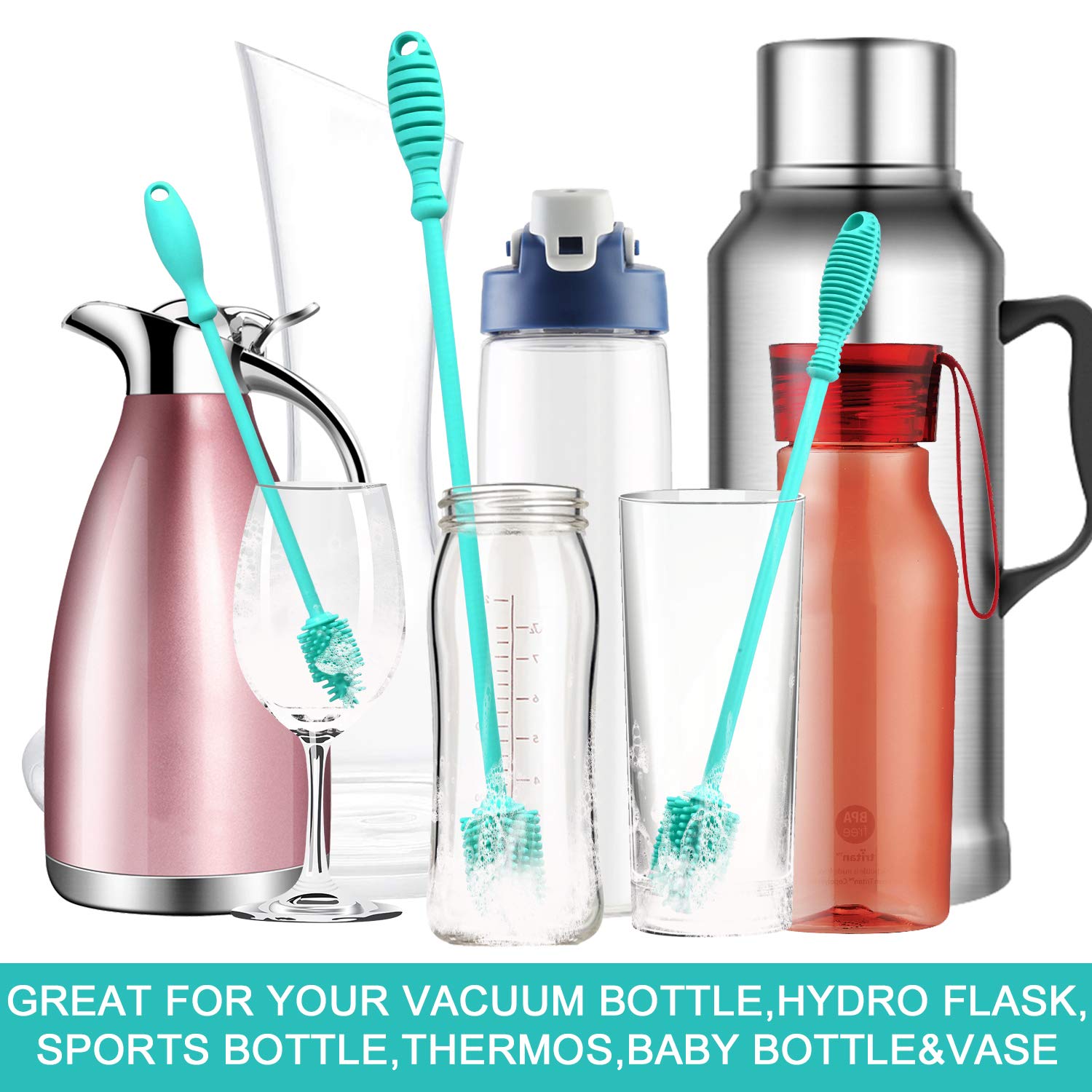 Premium Silicone Bottle Brush Cleaner Set of 3 - Long Handle Cleaning Brushes for Narrow Neck Bottles, Water Bottles, Thermos, Hydro Flasks, Coffee Mugs & Baby Bottles (Blue) - Perfect for Kitchen, Camping & Baby Care
