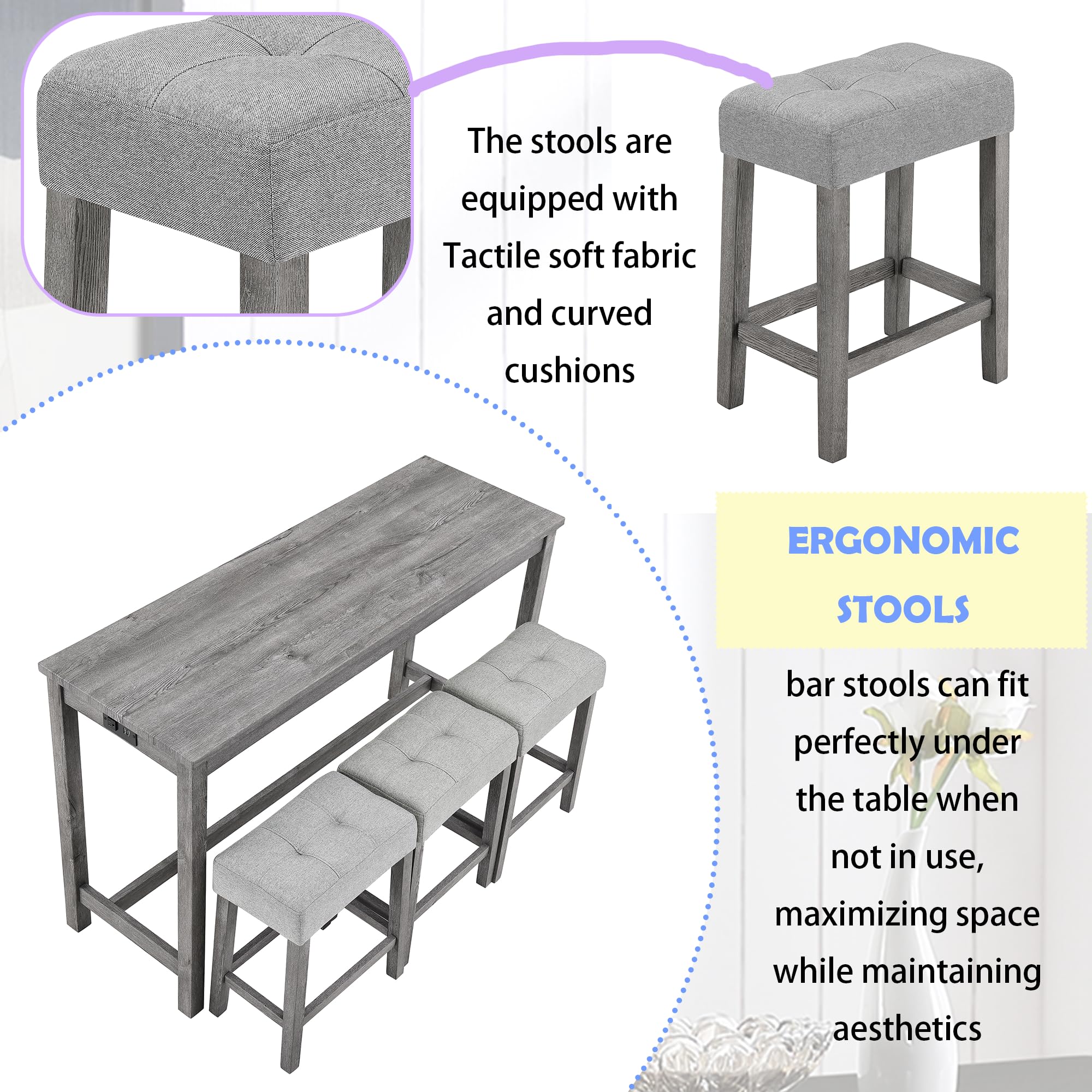**Merax 4-Piece Bar Table Set with Power Outlet - Industrial Breakfast Table & 3 Padded Stools, Gray - Perfect for Living Room, Dining Room, Game Room & Small Space Entertaining**