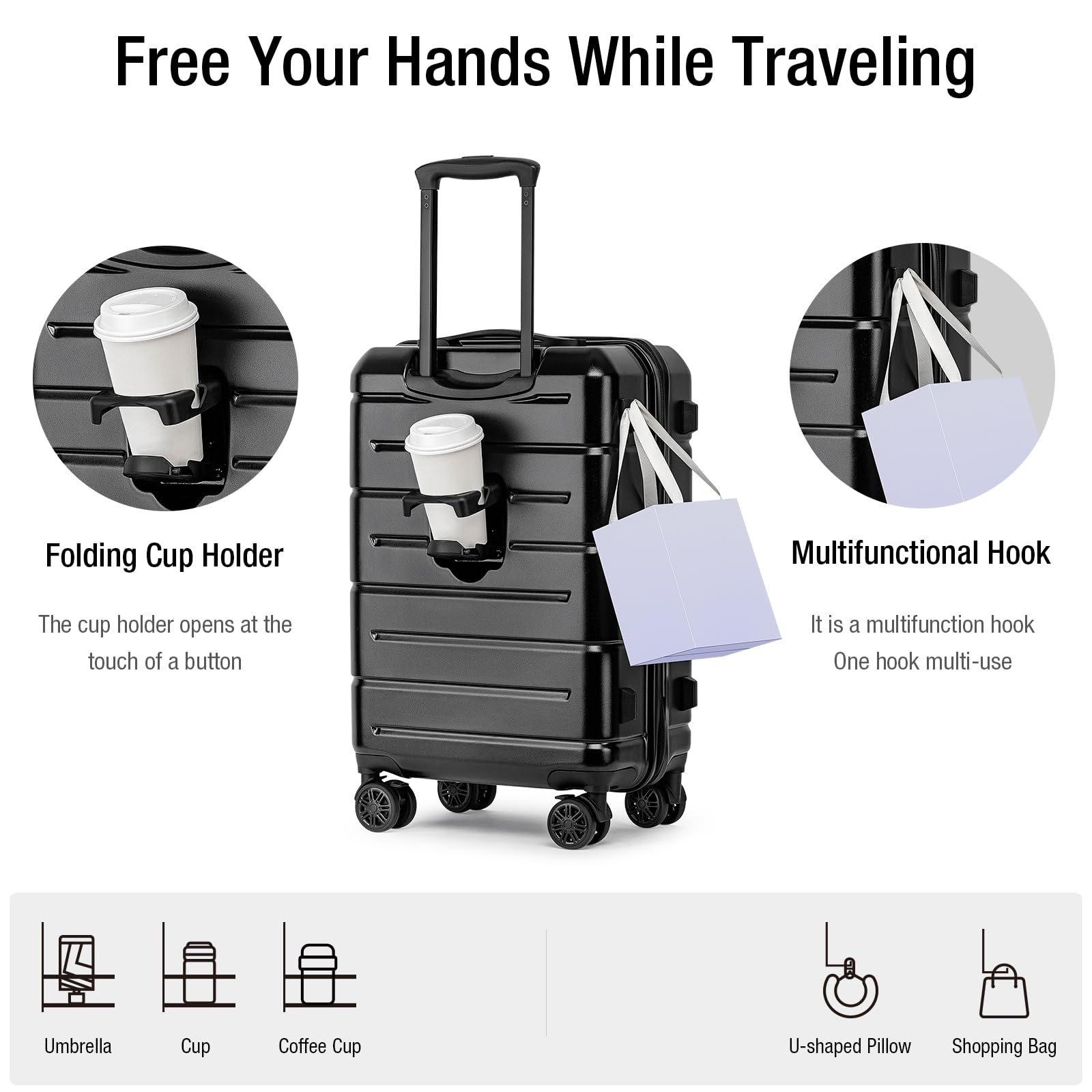 **KYME 22 Inch Hardside Carry On Luggage - Airline Approved 22x14x9 Hard Shell Spinner Suitcase with TSA Lock, Cup Holder & Smooth Wheels - Perfect for Business Travel, Weekend Getaways & Vacations (Black, Unisex)**