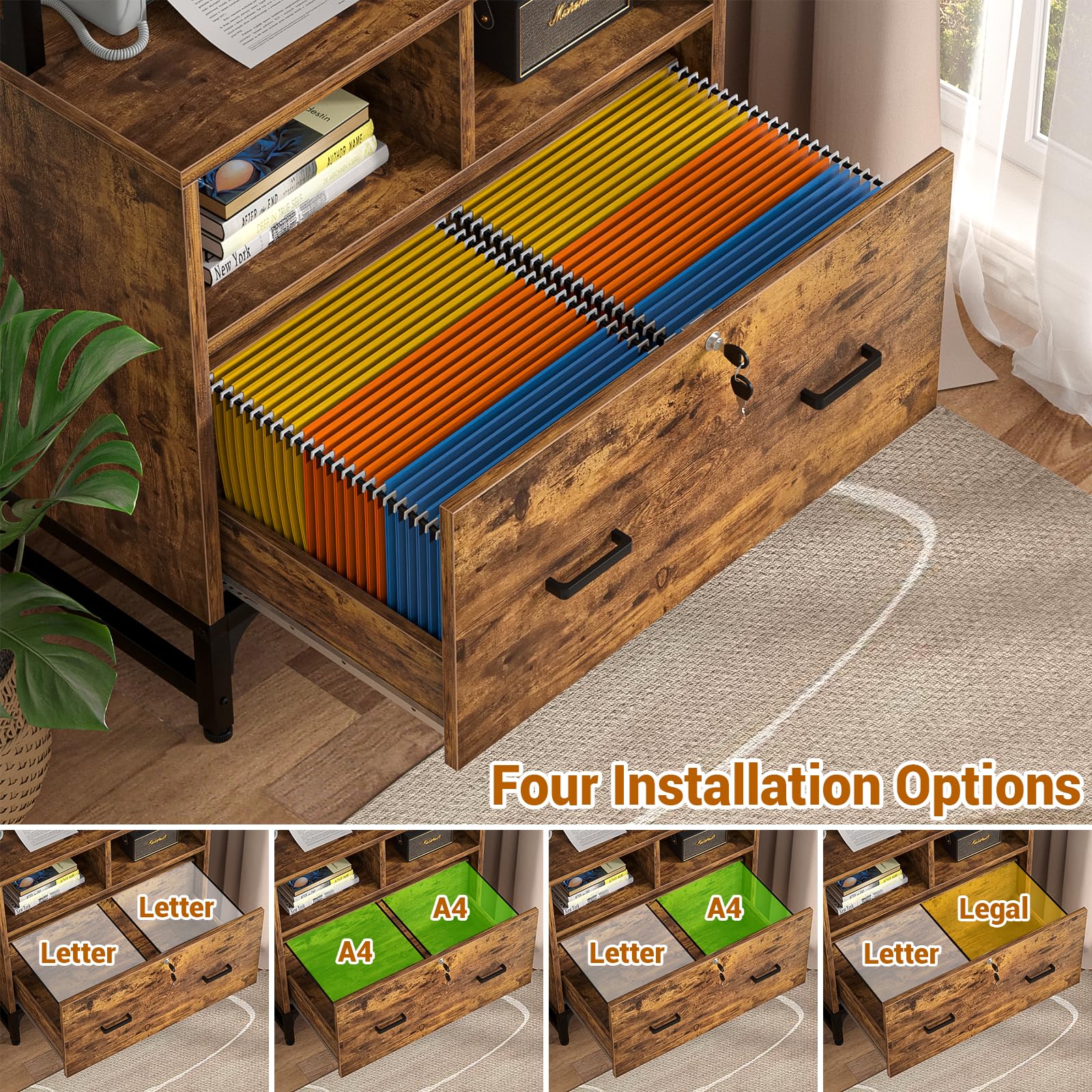 Homieasy Vertical File Cabinet with Charging Station & Lock - Rustic Brown Office Storage Cabinet for Letter/A4/Legal Size Files - Includes Large Drawer, Storage Shelves & Printer Stand - Perfect for Home Office Organization & Workspace Efficiency