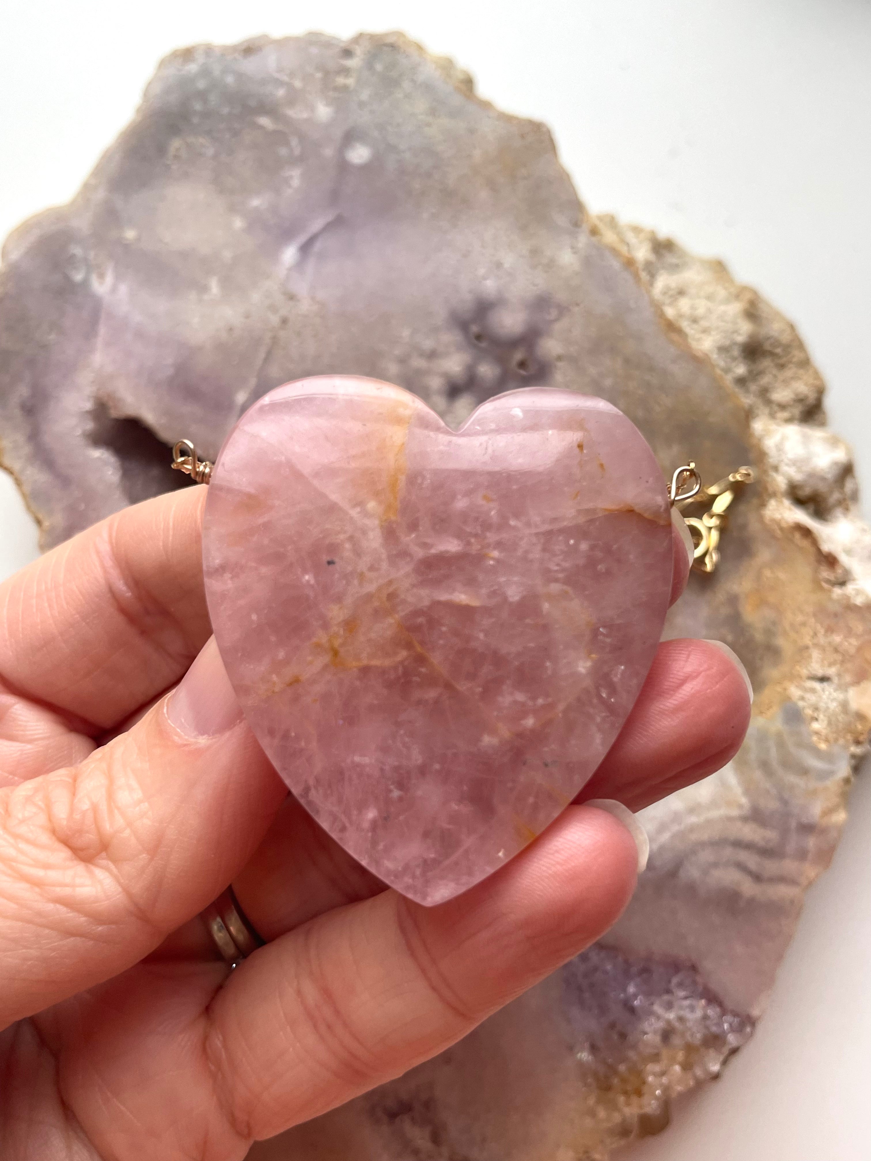 Large Rose Quartz Heart Pendant Statement Necklace - 14K Gold Filled Crystal Jewelry for Women, Gift for Her, Valentine's Day, Anniversary & Special Occasions