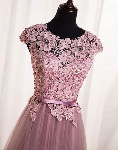 Elegant Dusty Pink Open Back Cap Sleeve Long Evening Prom Dress - Custom Made Formal Gown for Homecoming, Wedding Guest & Special Occasions