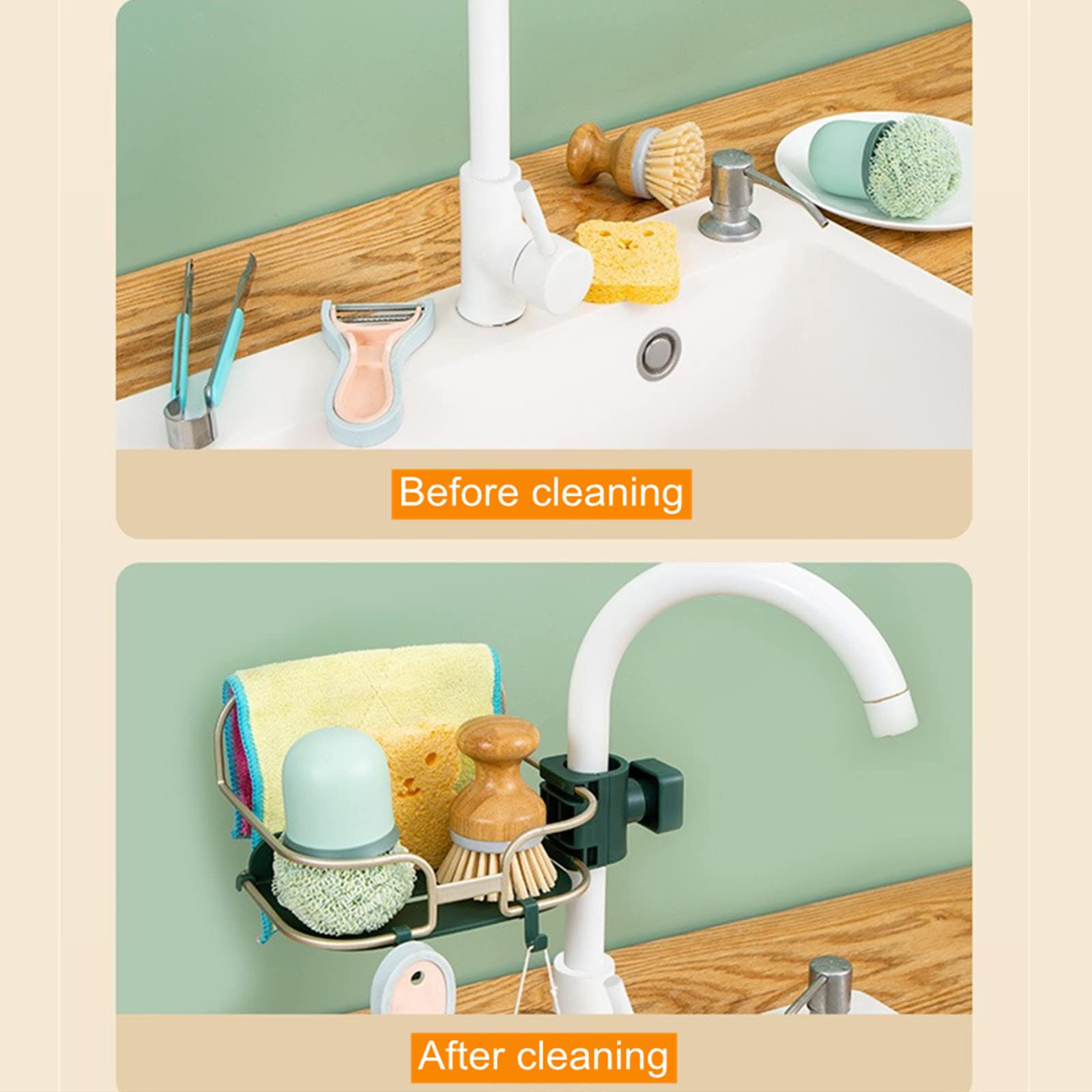 Stainless Steel Sponge Holder with Hook - Bathroom & Kitchen Organizer for Soap, Shampoo, Sponge & Scrubber - Drain Rack & Sink Storage Caddy - Perfect for Small Space Organization (Green) - Ideal for Kitchen Sink, Bathroom Counter & Under Cabinet Storage