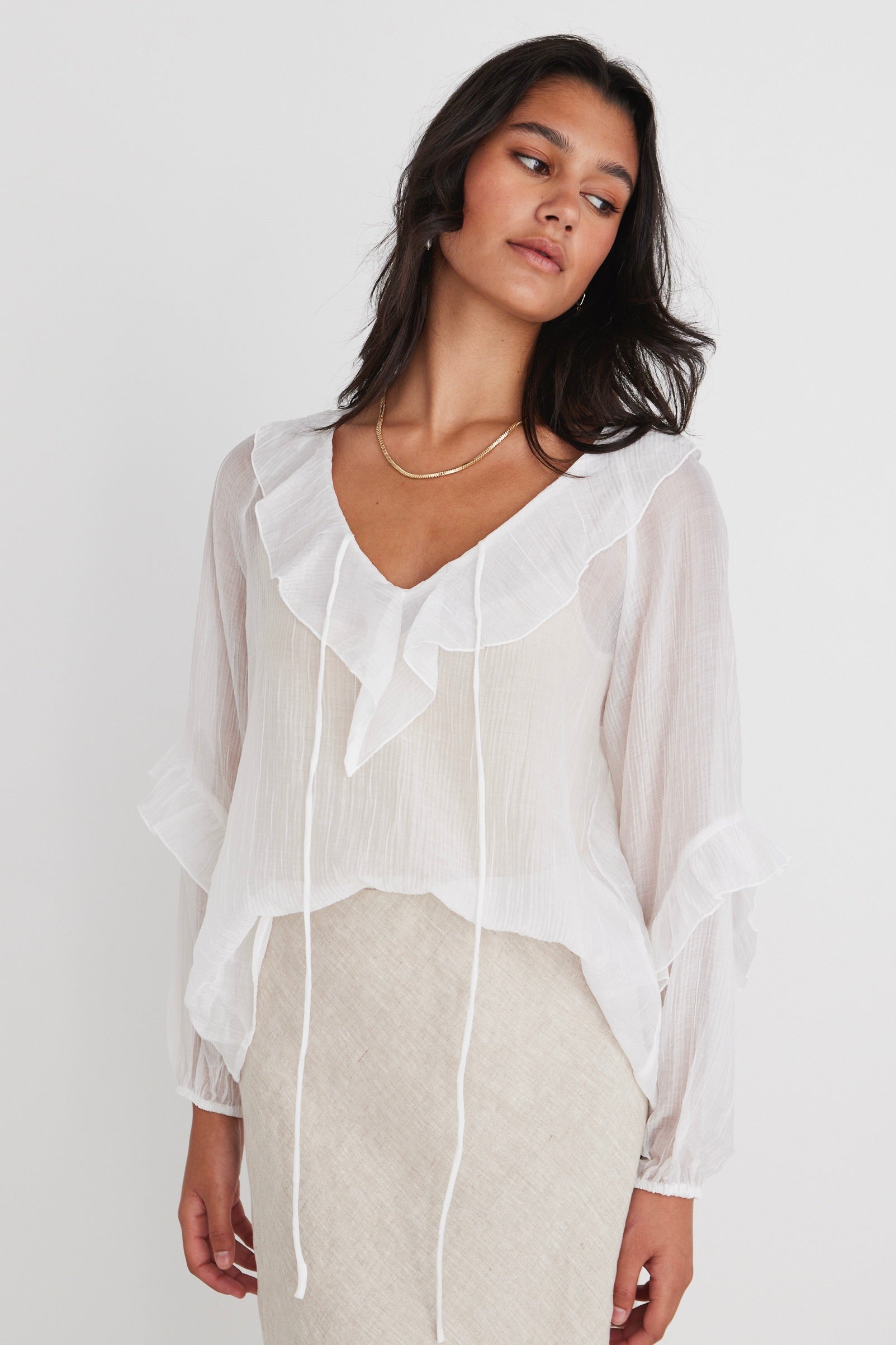 Ivory Sheer Frill Front Top for Women - Elegant Daily Wear Blouse for Casual Outings & Office Attire