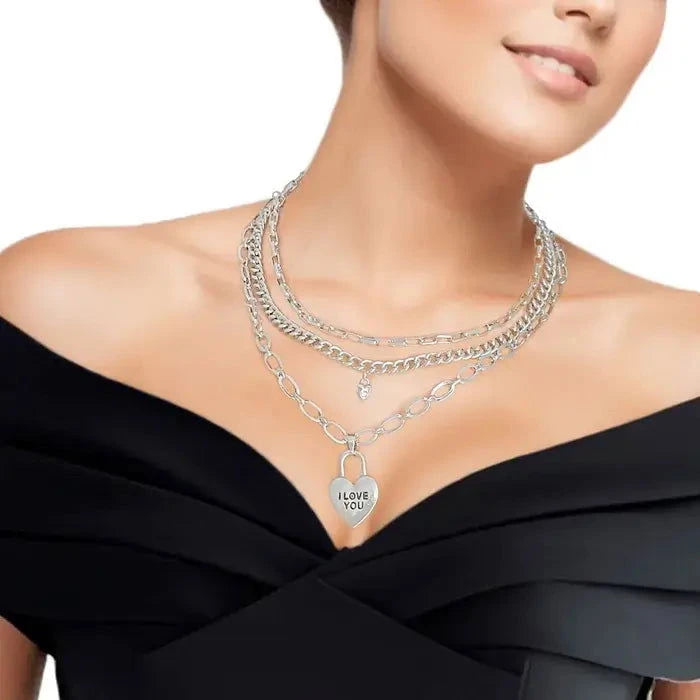 Elegant Silver 3-Layer Heart Pendant Necklace Set for Women - Perfect for Valentine's Day, Anniversary Gifts & Romantic Date Nights