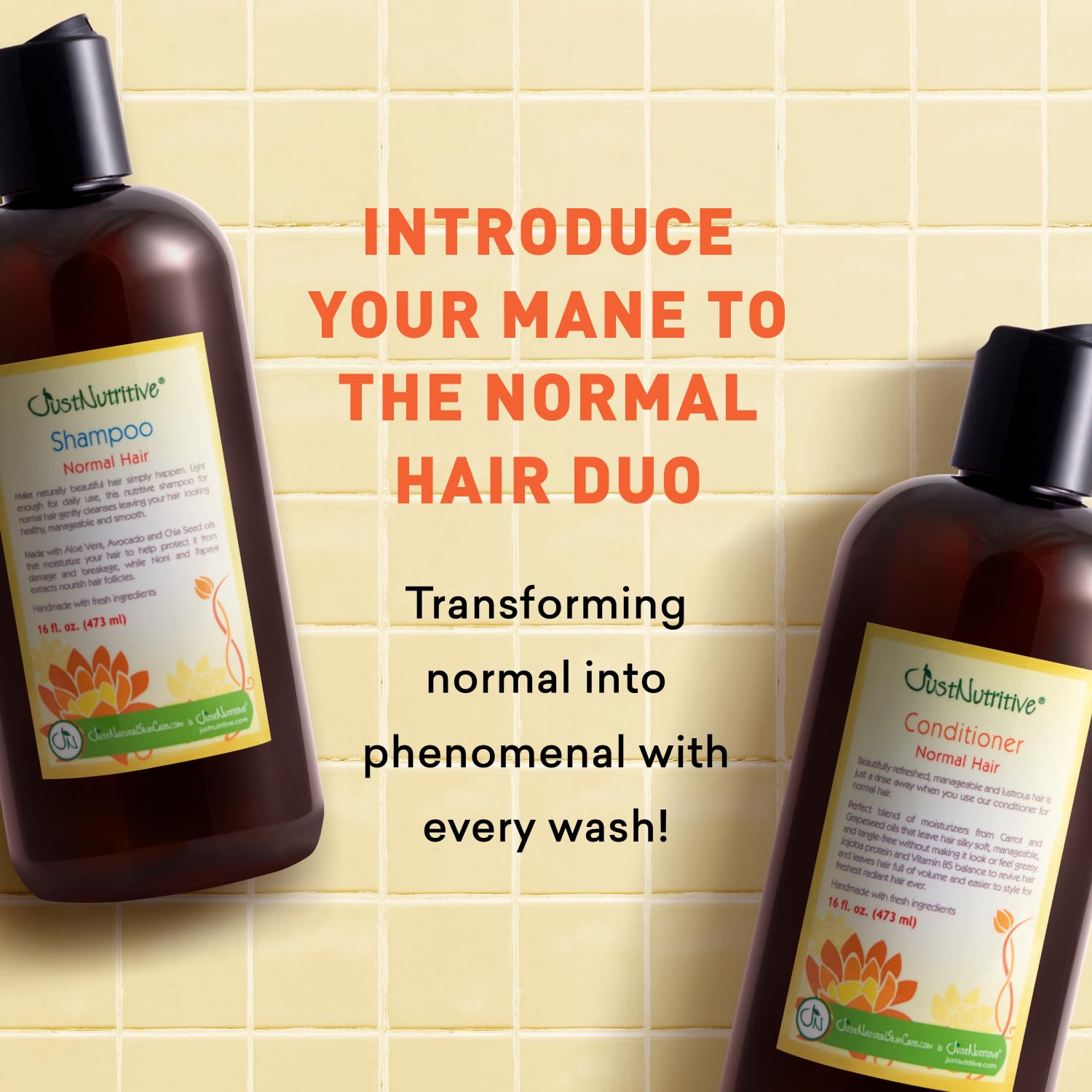 Just Nutritive Daily Nourishment Duo - Natural Shampoo & Conditioner Set for Normal Hair | Moisturizing & Protective Hair Care with Organic Ingredients | Promotes Healthy, Soft Hair | Perfect for Daily Use at Home, Gym & Travel