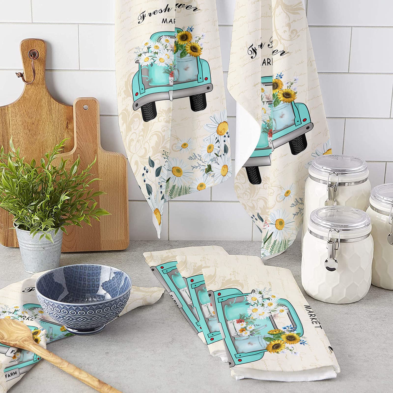 Microfiber Kitchen Towels - 18x28 Inch Absorbent & Reusable Dish Towels, Tea Towels & Bar Towels with Fresh Flower Market Daisies Truck Retro Design - Perfect for Kitchen Cleaning, Dish Drying & Home Decor