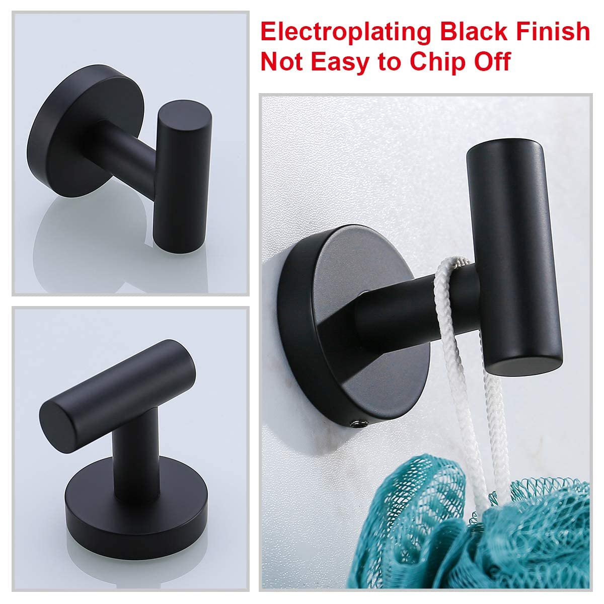 2 Pack Matte Black Towel Hooks - Stainless Steel Wall Hooks for Bathroom & Kitchen