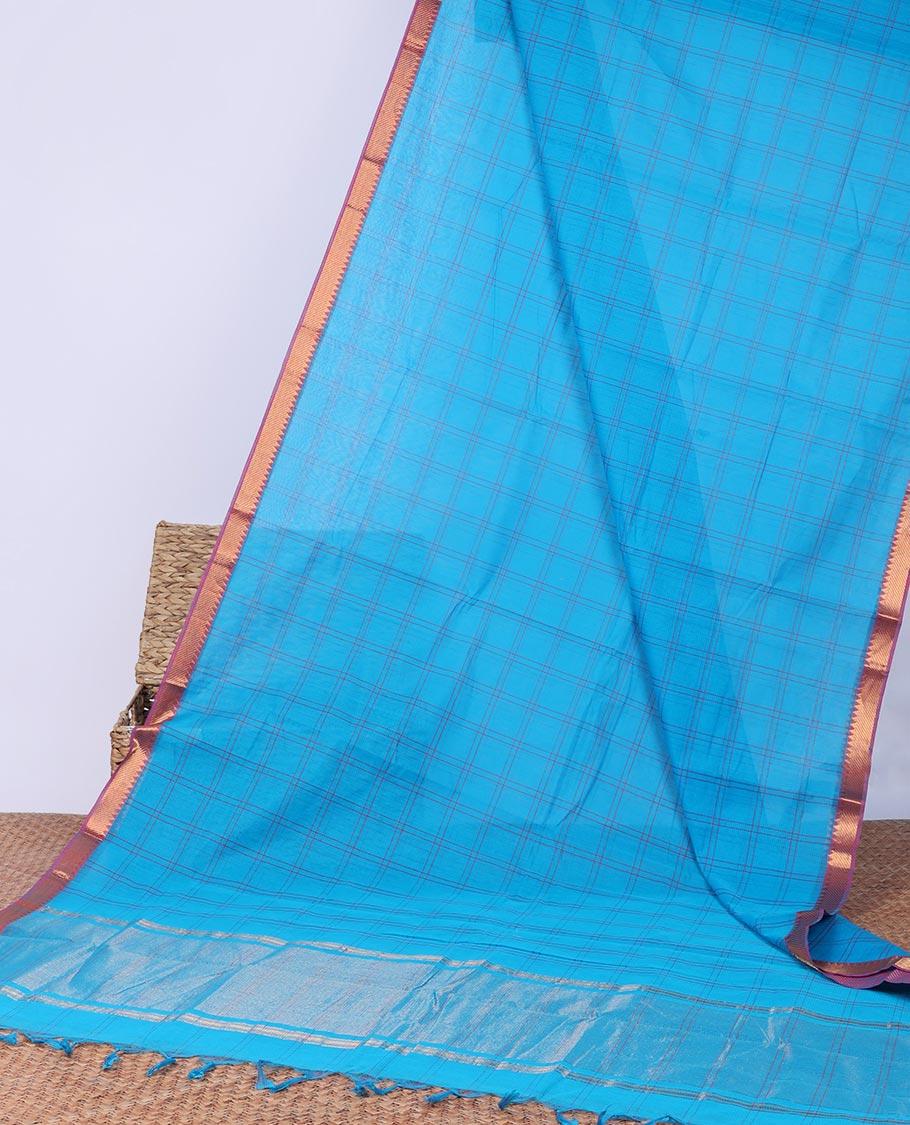Blue Checked Khadi Cotton Saree with Contrast Zari Border & Traditional Zari Pallu - Elegant Indian Ethnic Wear for Weddings, Festivals & Cultural Events