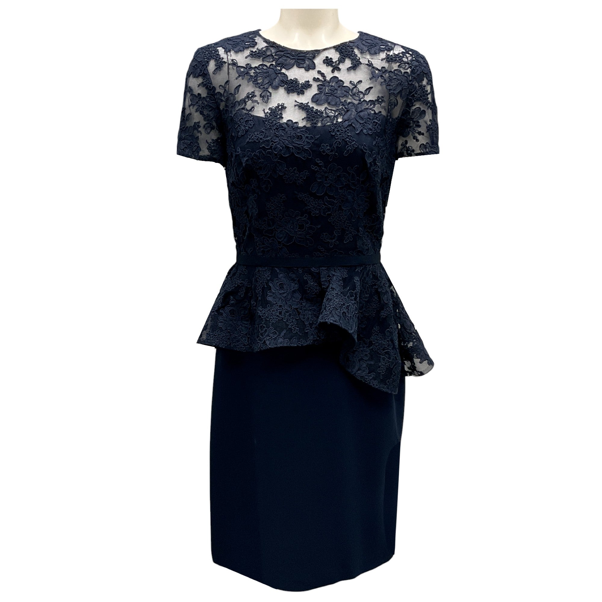 Reem Acra Navy Blue Short Sleeve Lace Cocktail Dress for Women | Elegant Party, Wedding Guest & Formal Occasion Wear
