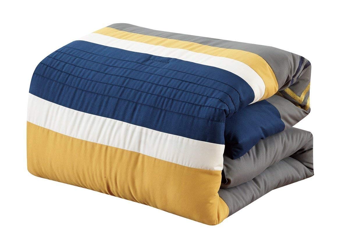 Chezmoi Collection Arden 7-Piece Modern Pleated Stripe Embroidered Zigzag Bedding Comforter Set - California King Size, Navy Gray Yellow White - Luxury Bedroom Decor for Guest Rooms & Master Suites