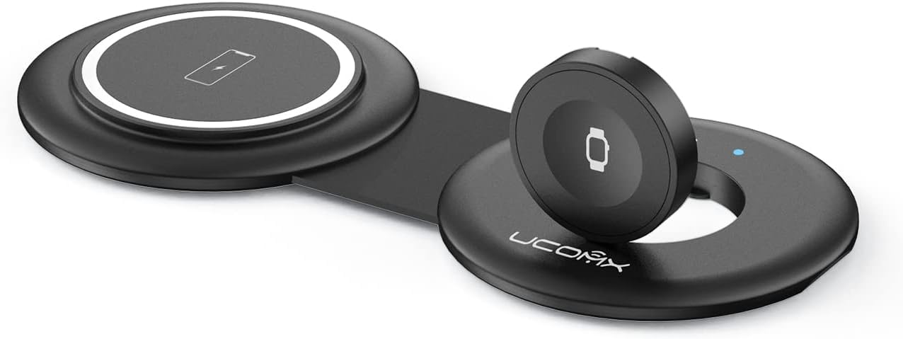 UCOMX Nano Mini Magnetic 2-in-1 Wireless Charger | Foldable Travel Charging Station for iPhone 12/13/14/15/16 Pro Max, AirPods Pro, iWatch Ultra | Fast Wireless Charger for Multiple Devices | Perfect for Home, Office & Travel Use
