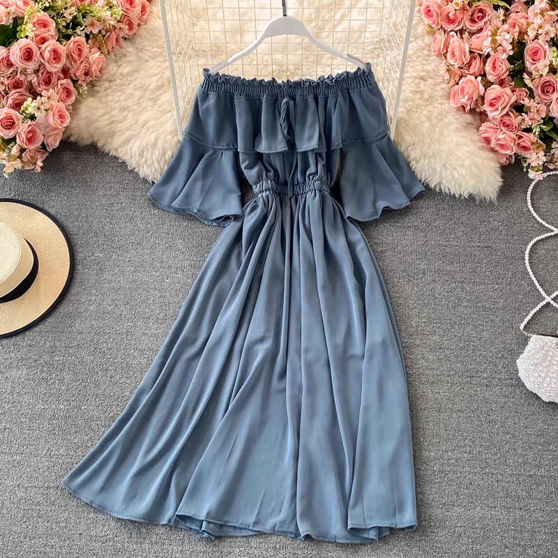 Elegant Off Shoulder Ruffled Chiffon Maxi Dress with Flared Trumpet Sleeves - Women's Boho Party Gown for Weddings, Date Nights & Special Occasions