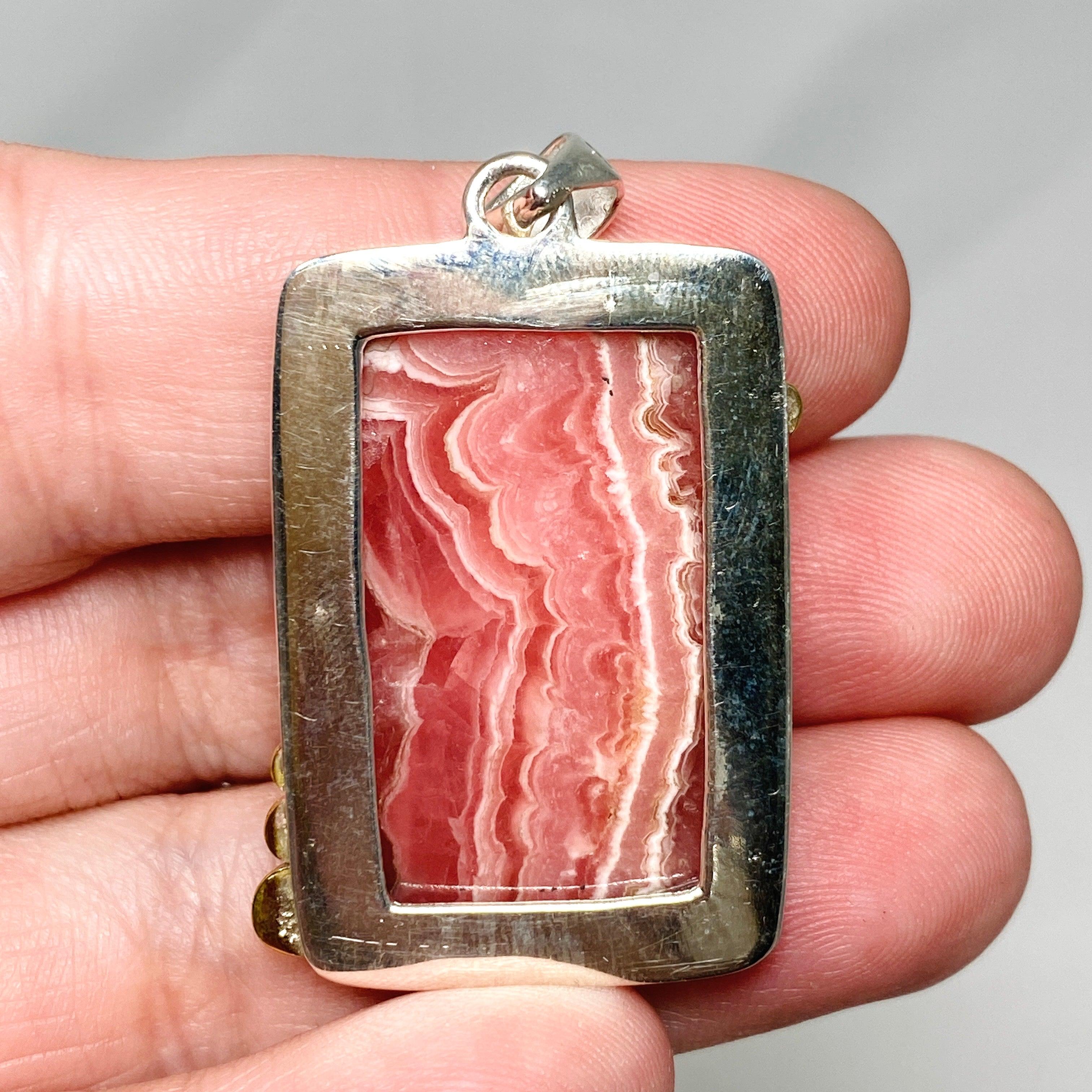 Rhodochrosite Rectangular Pendant with Brass Accents KPGJ4324 - Elegant Gemstone Jewelry for Women, Gift for Her, Perfect for Valentine's Day & Anniversary
