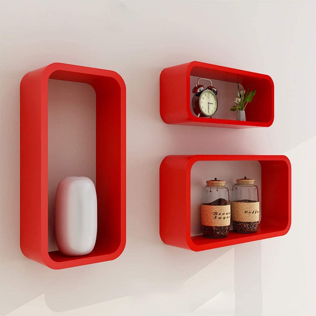 ZHANGWW Set of 3 Floating Wall Shelves - Square Decorative Hanging Shelves for Home Storage, Bookshelf, Wall Mount Display (Red) - Perfect for Living Room, Bedroom, Bathroom & Office Organization