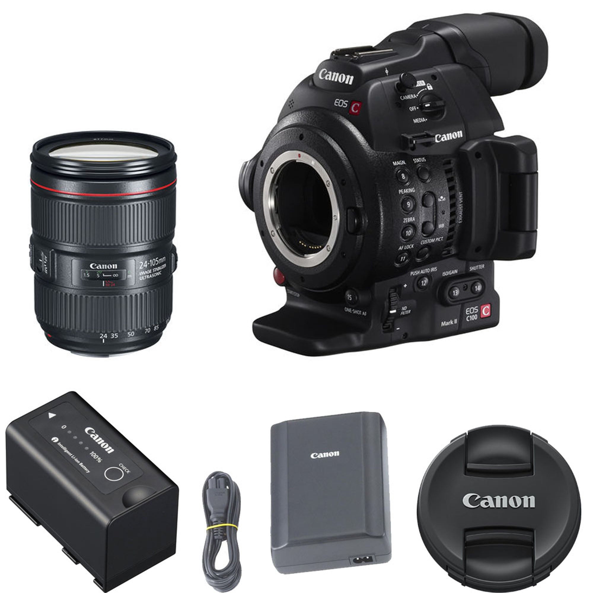 Canon EOS C100 Mark II Professional Cinema Camera with Dual Pixel CMOS AF & EF 24-105mm f/4L IS II USM Zoom Lens Kit - Perfect for Filmmaking, Documentary Shooting, and Wedding Videography