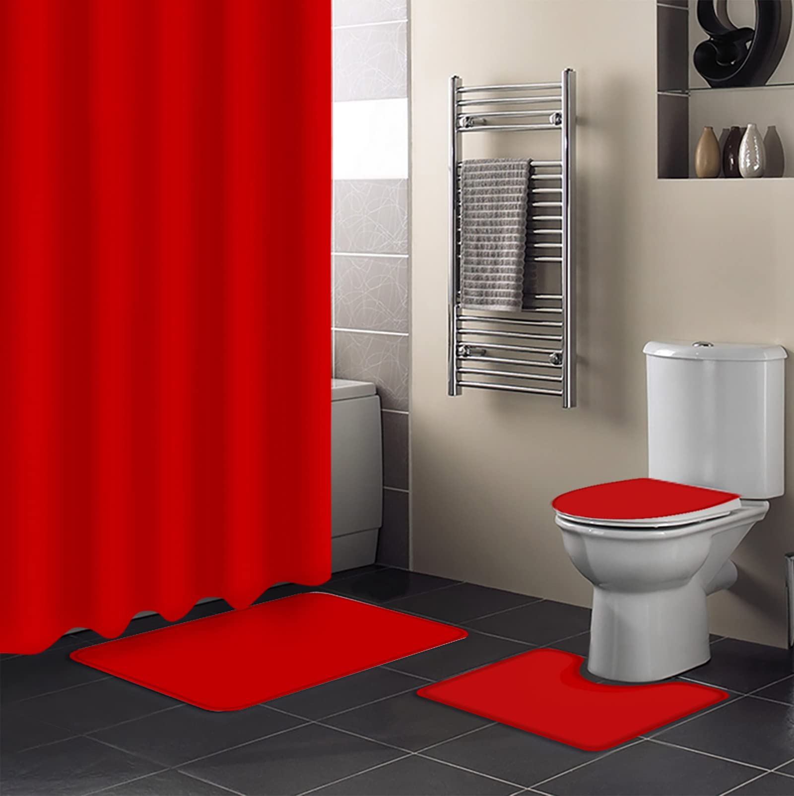 4PCS Non-Slip Bathroom Mat Set - Christmas Red Solid Decor with Shower Curtain, Toilet Seat Cover & Large Rugs (72x72in) for Holiday Home Decor & Cozy Bathroom Upgrade