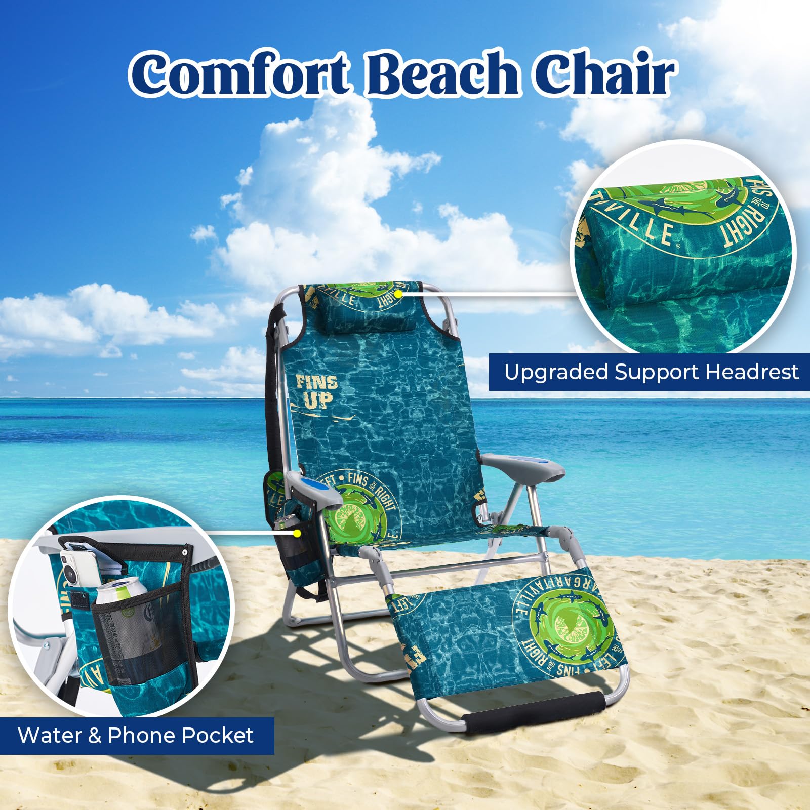 Portable Folding Camping Beach Chair for Adults - Lightweight Outdoor Lounge Chair with Footrest, Backpack Straps, Towel Bar, Cooler Pouch & Cup Holder - Perfect for Beach, Picnic, Backyard & Travel (Geometric Green)
