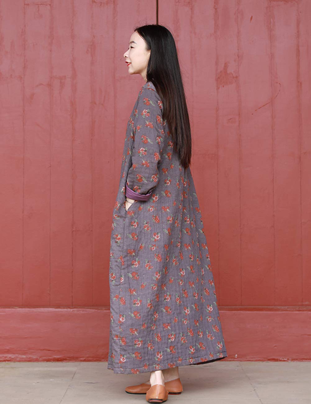 Women's Floral Print Cheongsam Dress - Elegant Chinese Style Long Cotton Dress for Spring & Autumn - Double-Layer Casual Wear for Parties, Weddings & Special Occasions