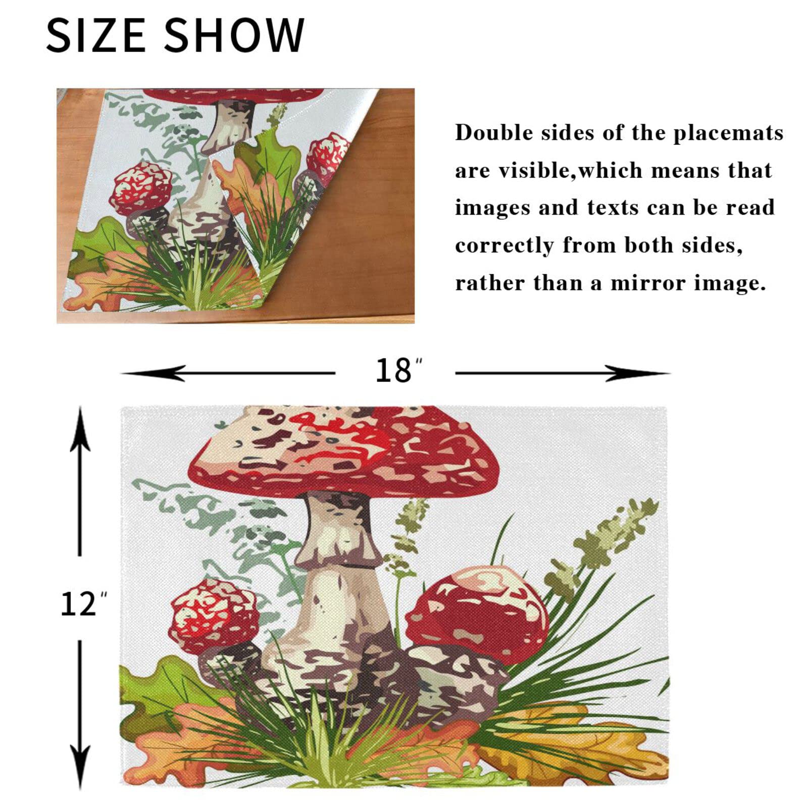 4 Pack Autumn Mushroom & Fall Leaves Placemats - 12x18 Inch Washable Heat-Resistant Cloth Table Mats for Kitchen & Dining Room Decor | Perfect for Thanksgiving, Fall Dinner Parties & Seasonal Home Decor
