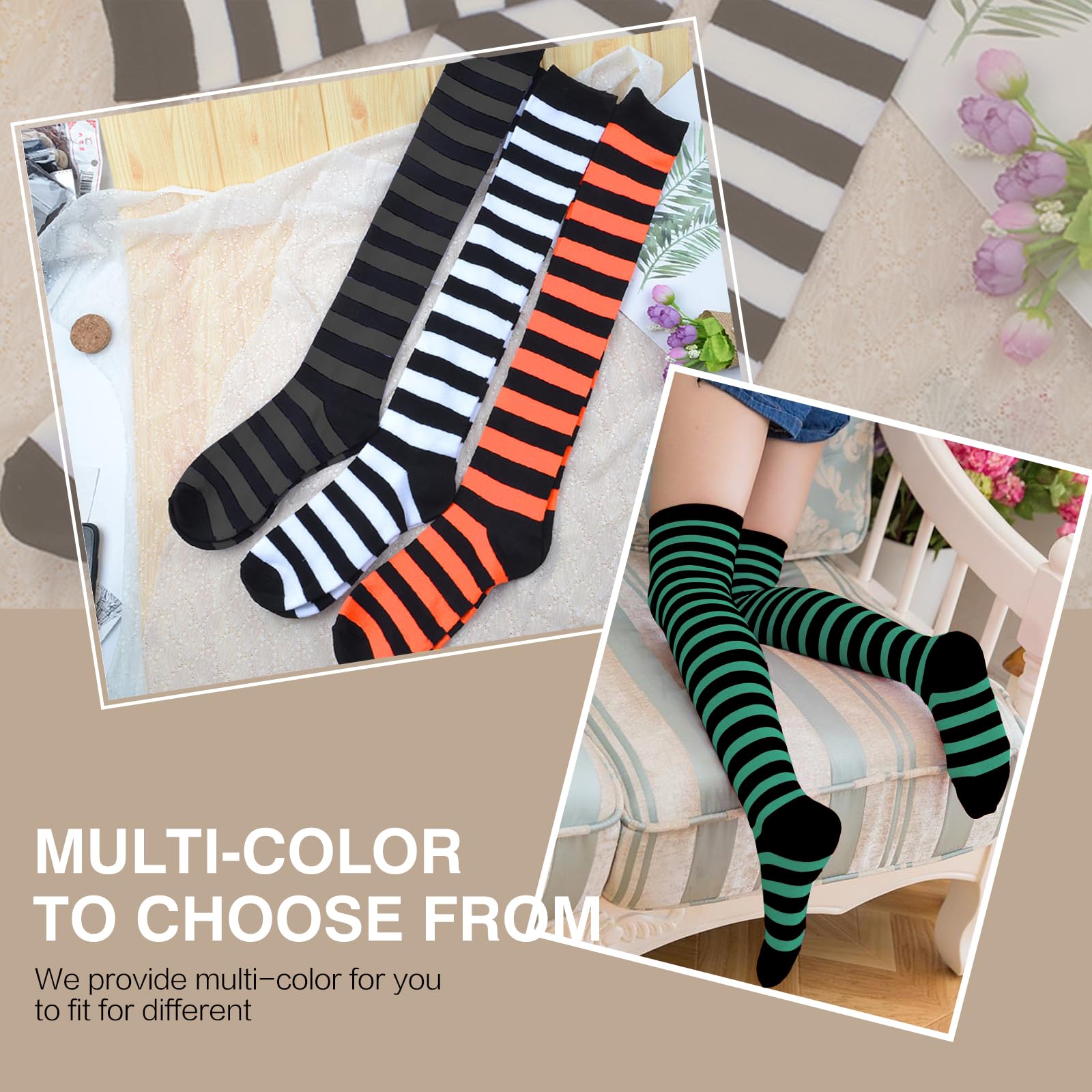 Raylarnia Women's Extra Long Opaque Striped Over Knee High Socks - Thigh High Stockings for Women, Fashionable Striped Tights, Perfect for Winter, Cosplay, Office & Daily Wear