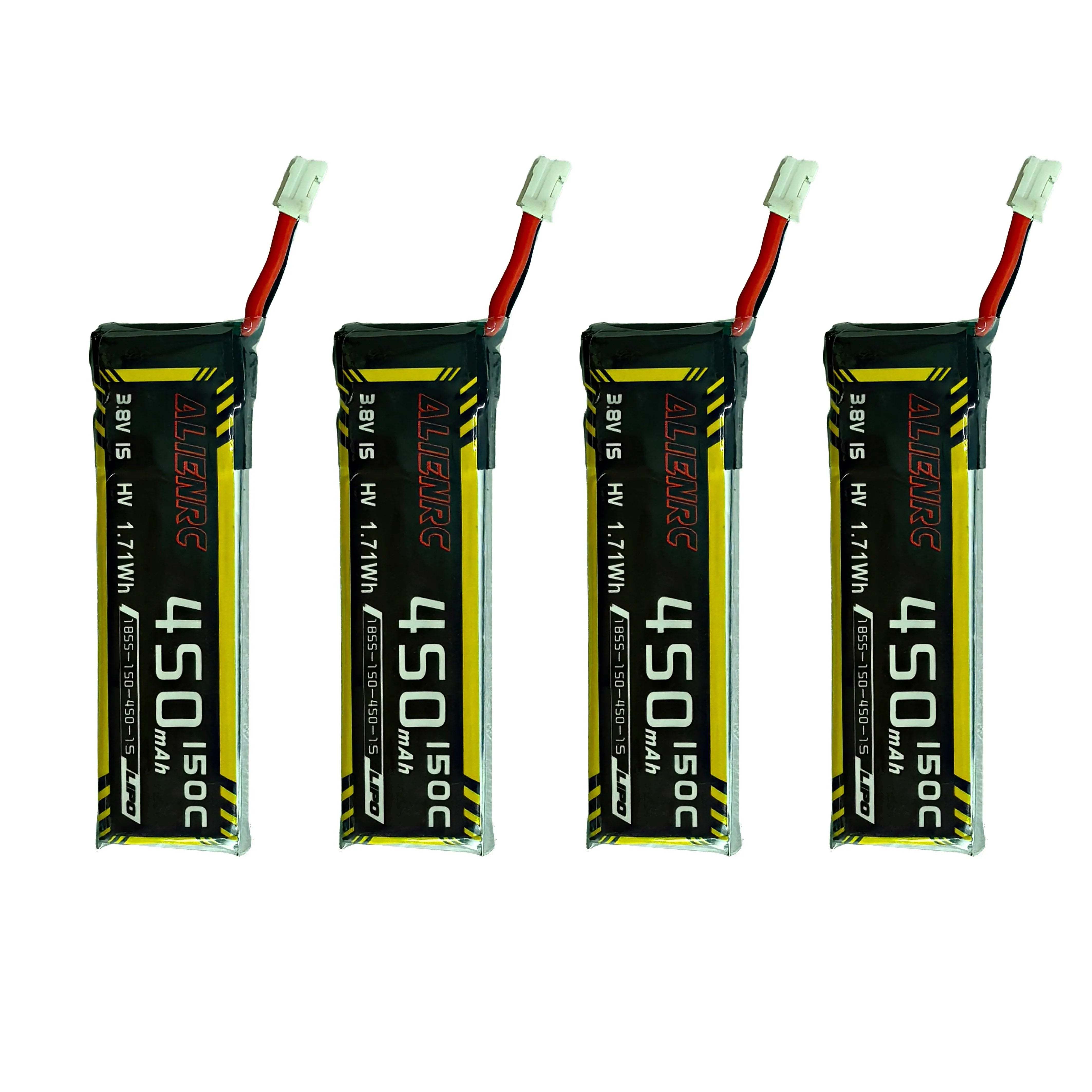 High-Performance Alien 450mAh 1S 3.8V 150C Lipo Battery with PH2.0 Connector - 4 Pack for RC Drones, FPV Racing, and Mini Quadcopters