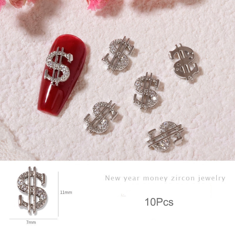 10pcs Gold Dollar Sign 3D Alloy Nail Charms - Trendy Money Press On Nail Rhinestone Jewelry for DIY Manicure - Perfect for Parties, Prom, Halloween & Luxury Nail Art Designs