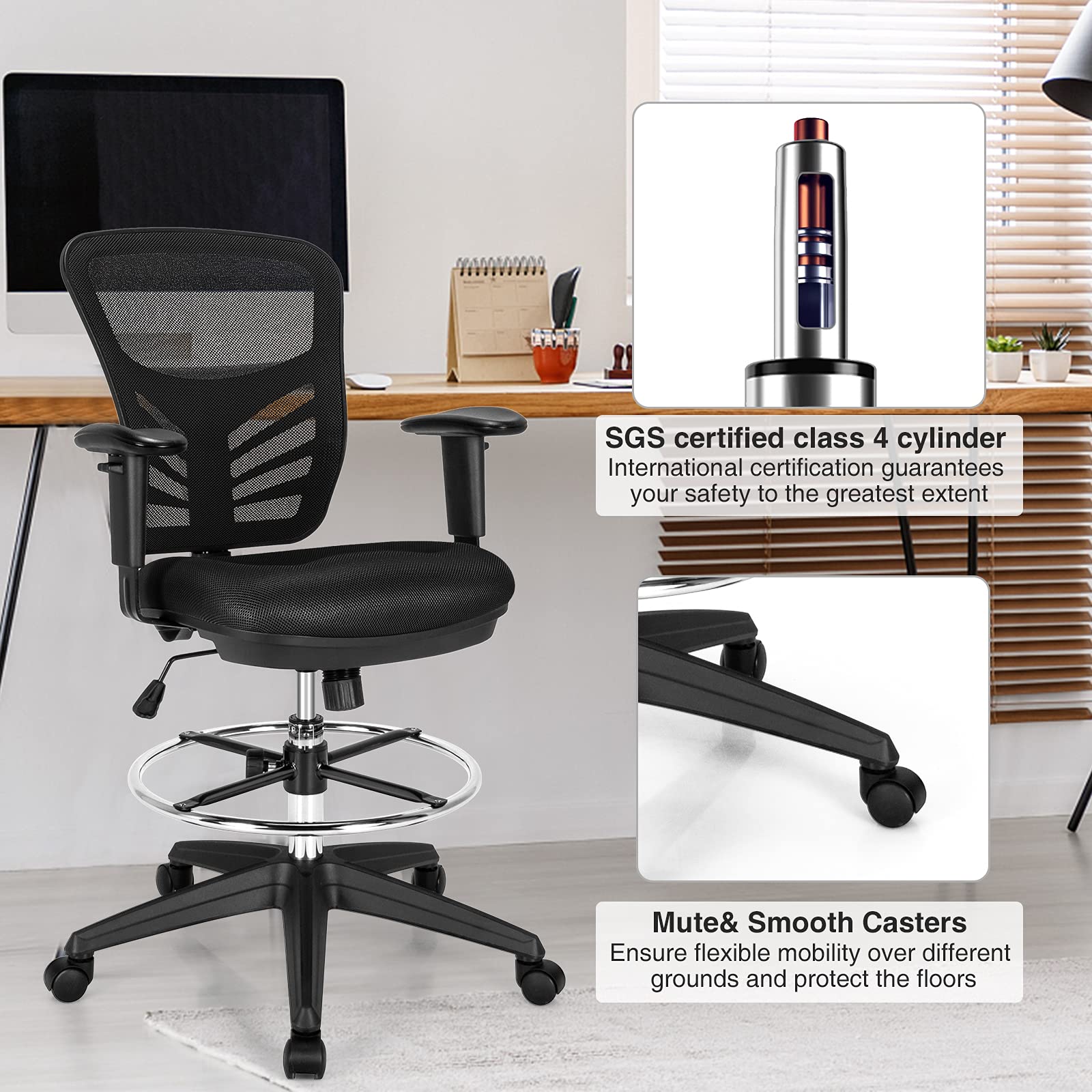 **POWERSTONE Ergonomic Drafting Chair - Adjustable Height Standing Desk Chair with Armrests & Footrest Ring - Tall Office Chair for Classroom, Lab, Counter - Perfect for Home Office, Study & Workstations**