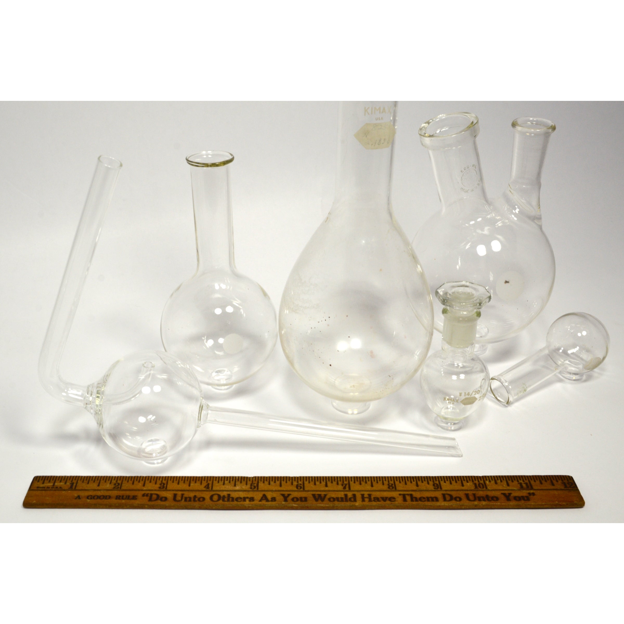 PYREX & KIMAX Lab Glassware Set of 6 Round Bottom Flasks with 2 Neck Florence - Perfect for Chemistry Experiments, Distillation & Scientific Research