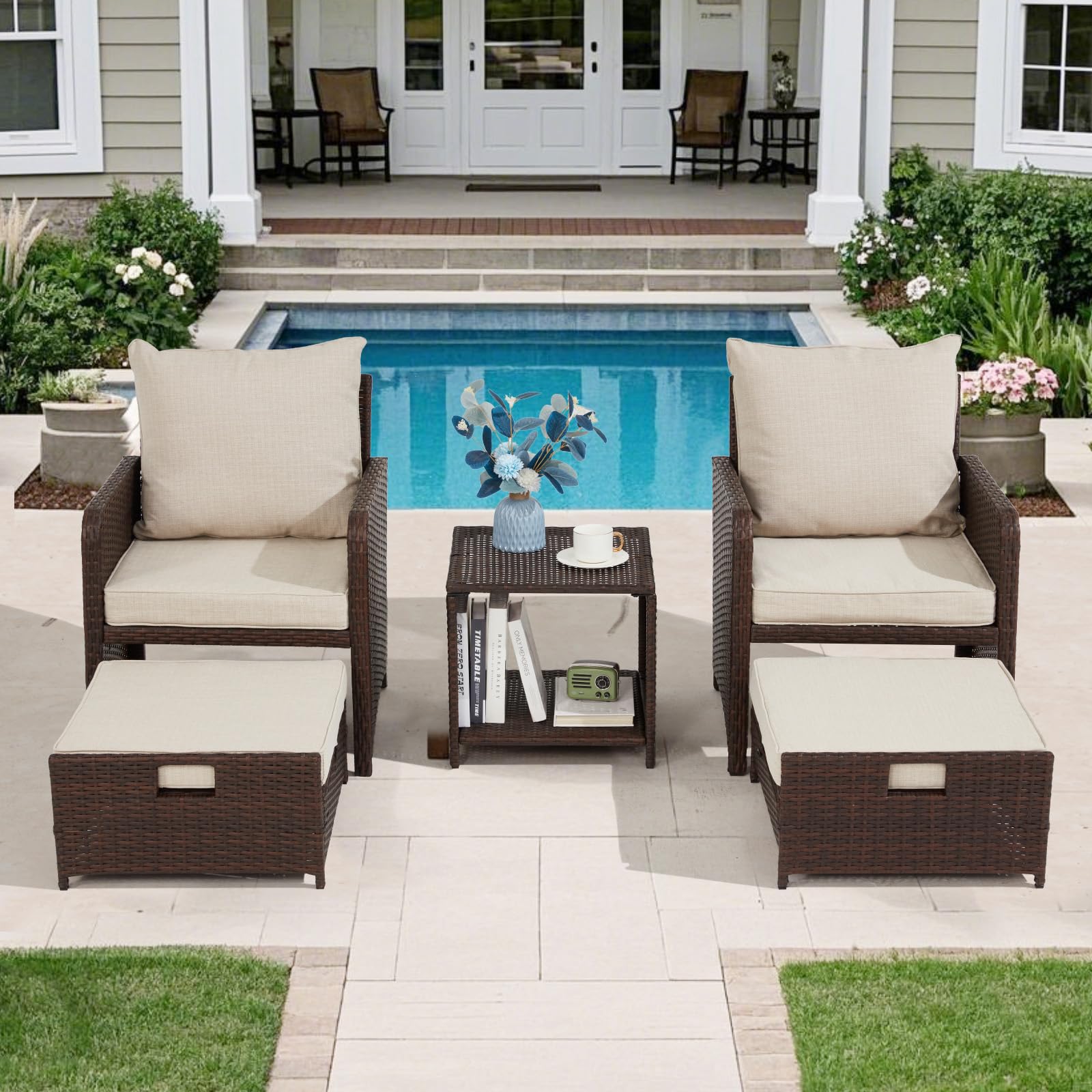 5-Piece Rattan Wicker Patio Bistro Set with Table & Ottomans - Brown & Beige Balcony Furniture for Small Outdoor Spaces | Perfect for Garden, Poolside, Backyard & Apartment Patios