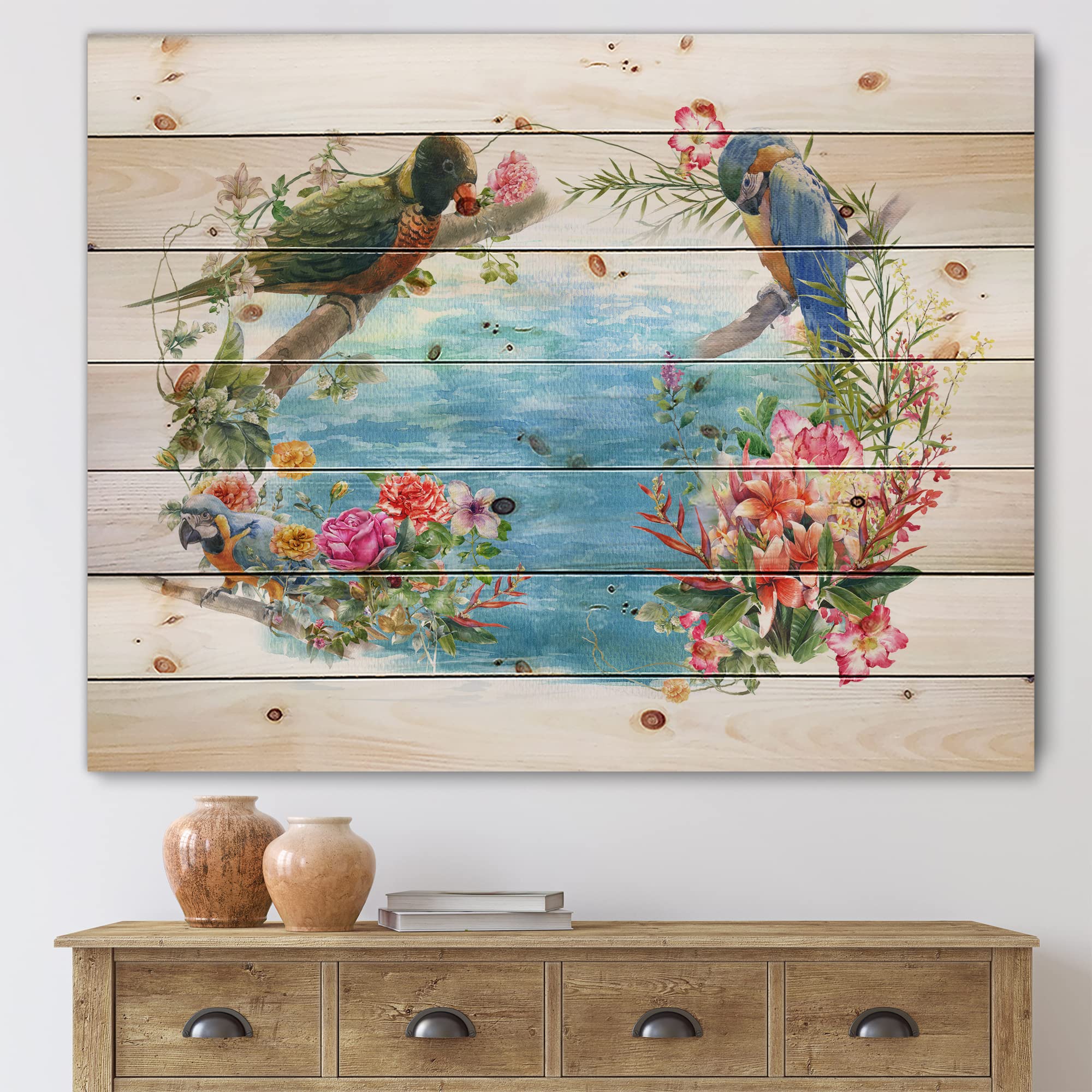Blue Waterside Birds and Flowers Traditional Wood Wall Art - Handcrafted Pine Wood Decor with Large Animal Prints - Perfect for Living Room, Bedroom, or Office Wall Decor