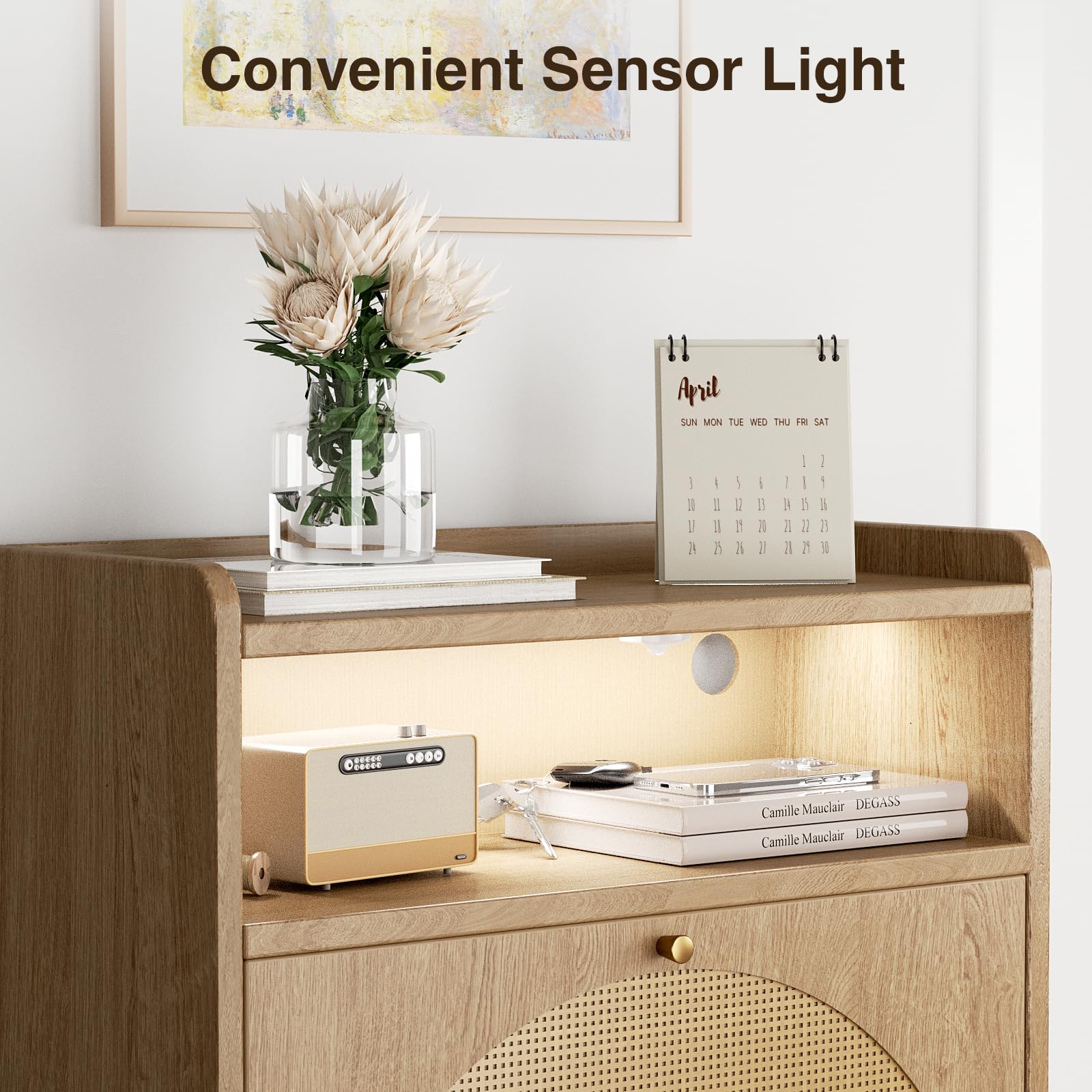 Rattan Shoe Storage Cabinet with 2 Flip Drawers & Sensor Light - Slim Entryway Shoe Organizer with Metal Frame for Hallway, Living Room, or Bedroom - Beige (Natural) Hidden Shoe Cabinet for Small Spaces