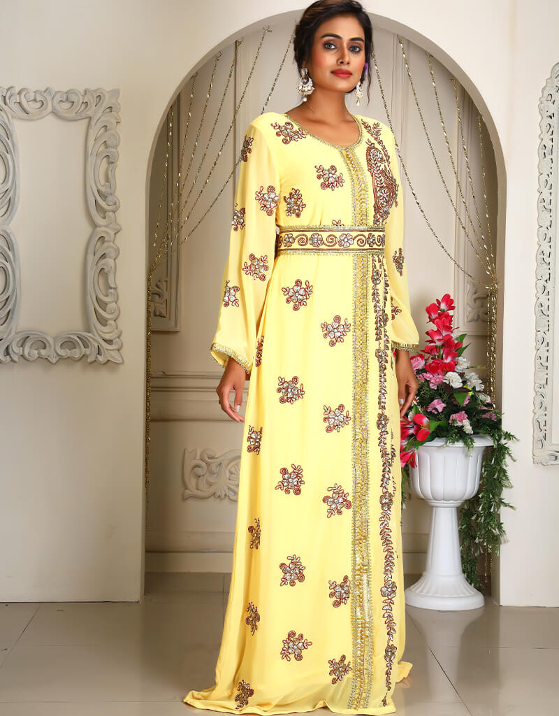 Exquisite Arabic Ivory Georgette Stone Embroidered Moroccan Caftan - Perfect for Weddings, Parties & Special Occasions