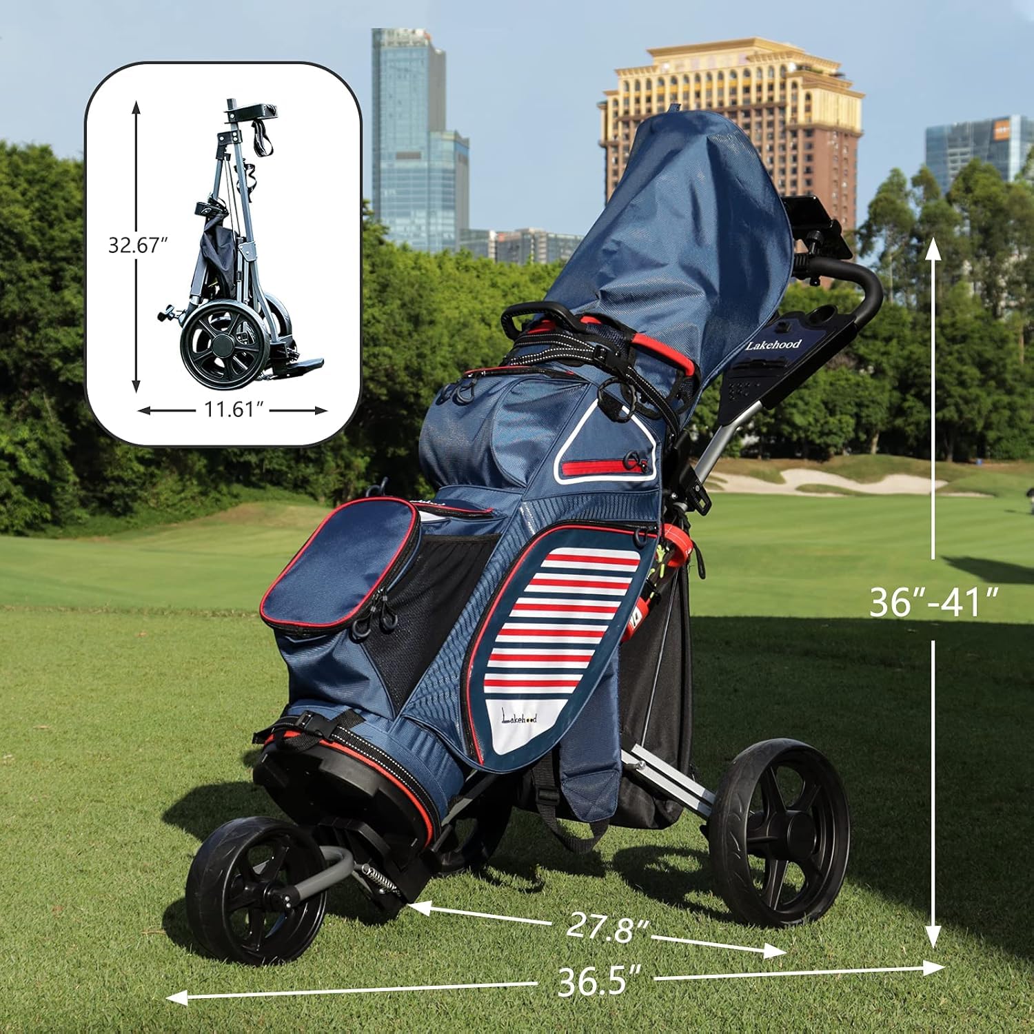 Lightweight & Easy Folding 3 Wheel Golf Push Cart with Phone Holder, Cup Holder, Scorecard & Ice Bag - Convenient Golf Accessories for Comfortable Play on the Course | Perfect for Golfers, Seniors & Beginners