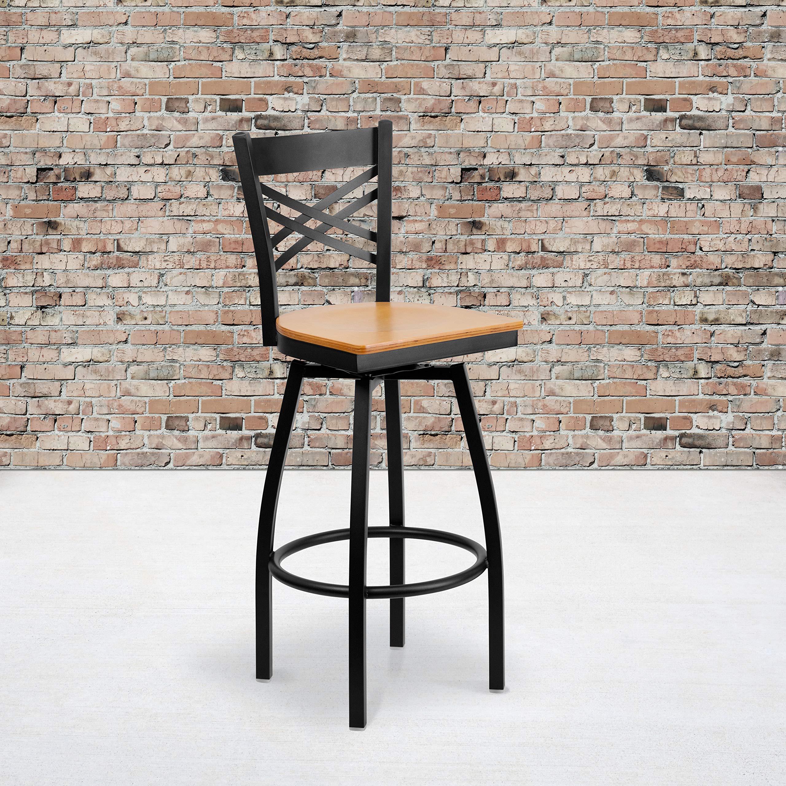 2 Pack Black X-Back Swivel Metal Bar Stools with Natural Wood Seat - Perfect for Kitchen Island, Dining Room, and Home Bar Decor