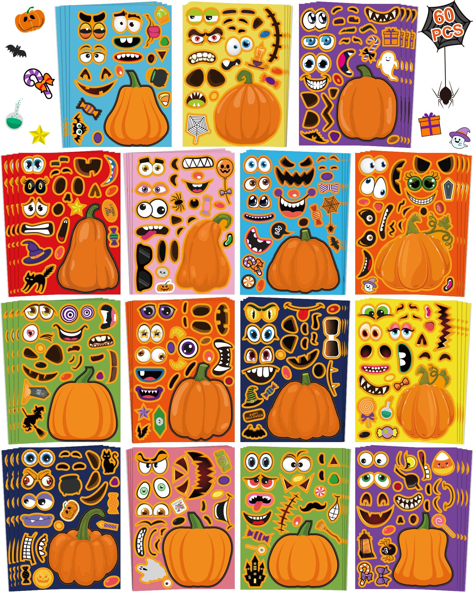 RINOLY 60 Sheets Halloween Pumpkin Face Stickers for Kids - 15 Fun Designs, Fall Party Favors, DIY Crafts & Game Supplies - Perfect for Classroom Activities, Trick-or-Treat Bags & Halloween Decorations