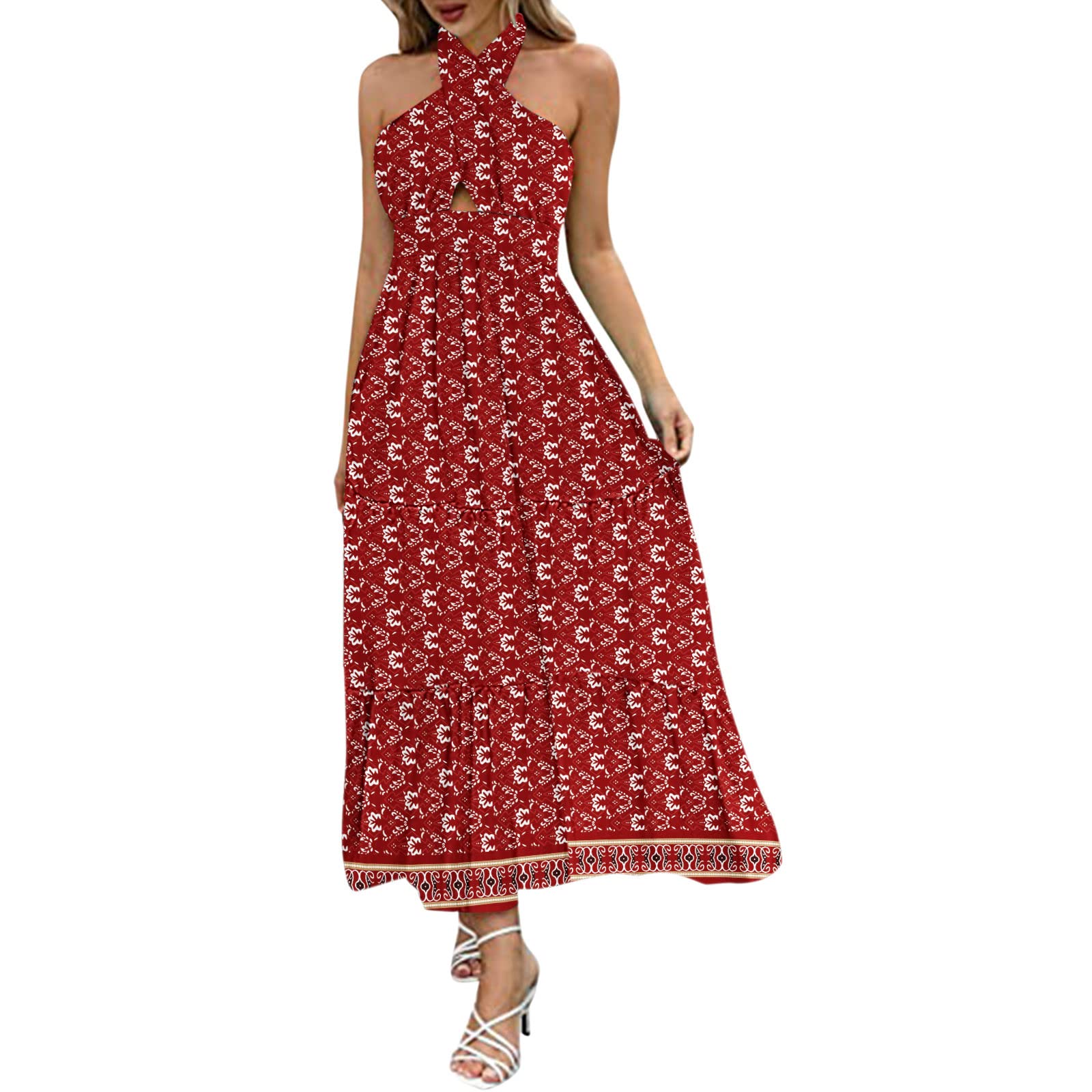 Women's Floral Summer Sun Dress - Casual Sleeveless Halter Neck Maxi Dress with Cut Out Backless Design | Perfect for Beach Vacations, Pool Parties, and Summer Outings